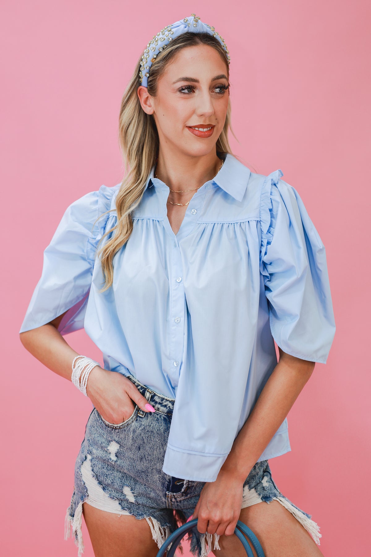 Garden Meeting Shift Top In Chambray-Shirt/Tops-Entro-Southern House