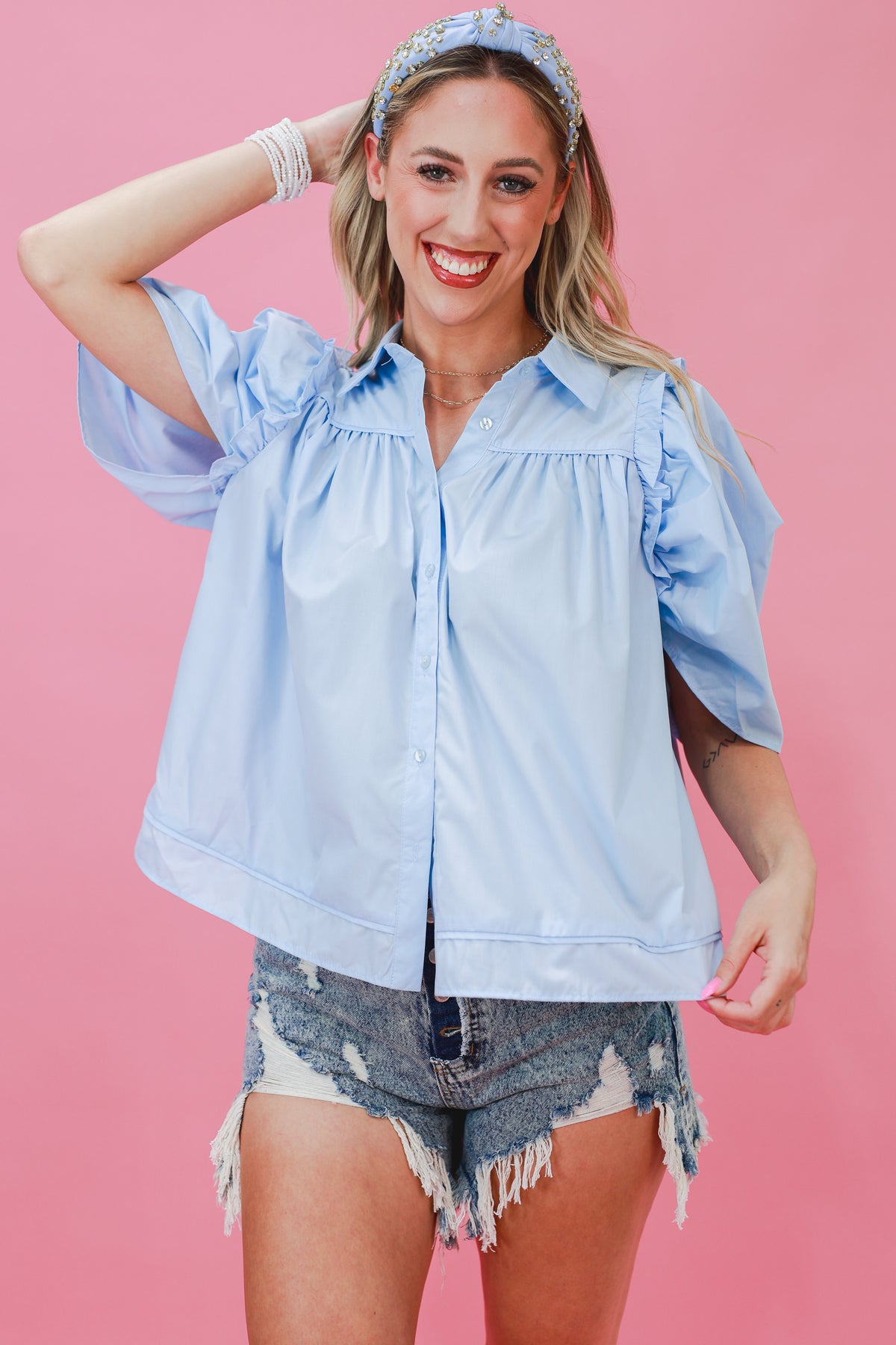Garden Meeting Shift Top In Chambray-Shirt/Tops-Entro-Southern House