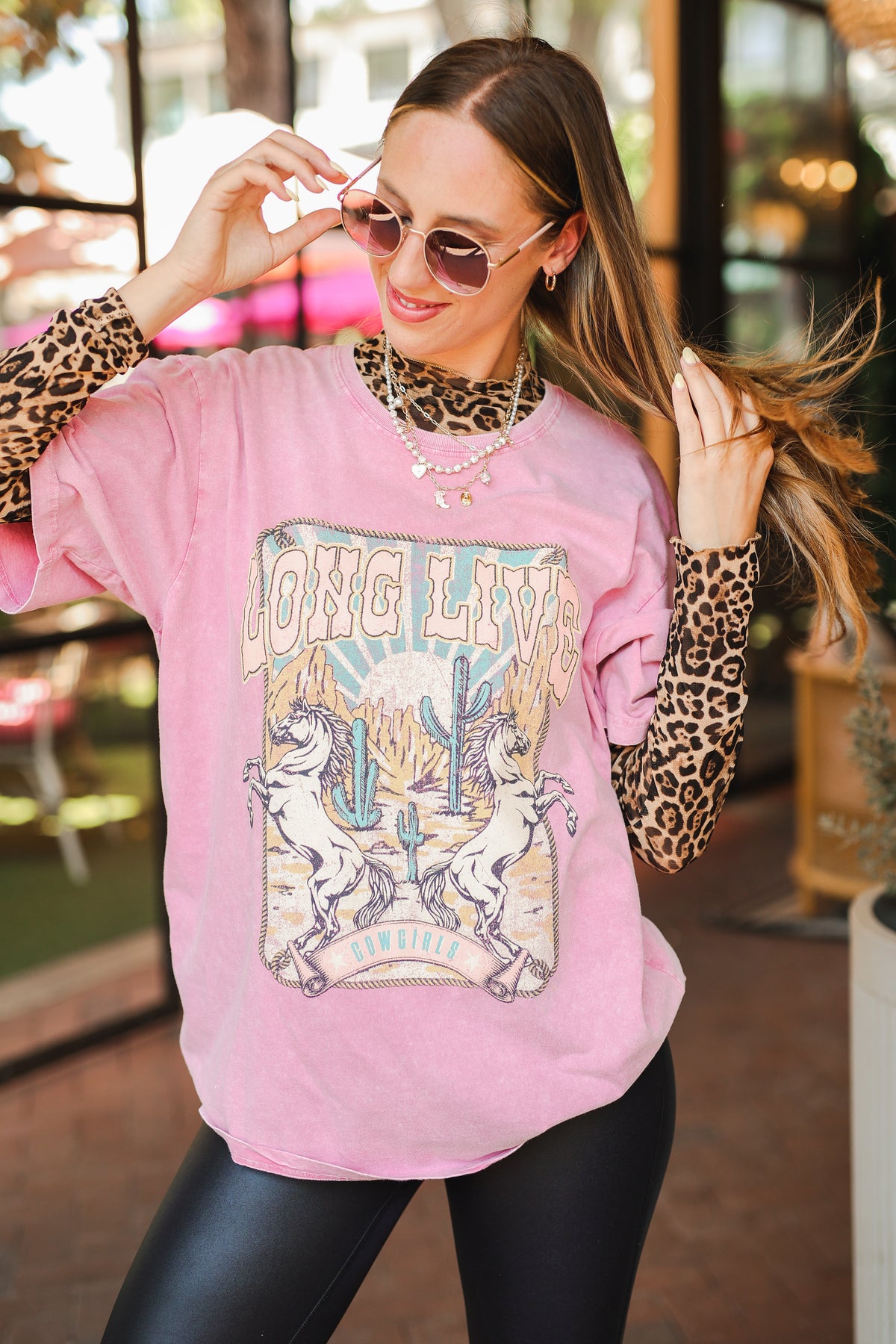 Long Live Cowgirls Horses Tee - Pink-tees-Southern House