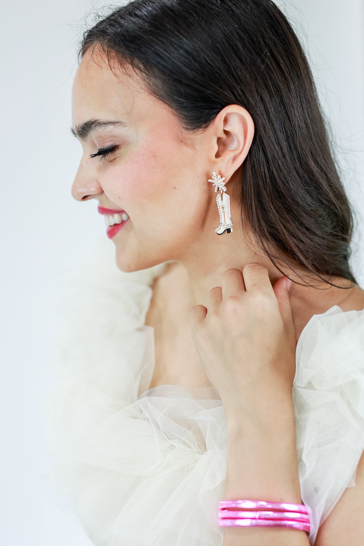 Dancing Metal Boot Earrings In Ivory-Earrings-Golden Stella-Southern House