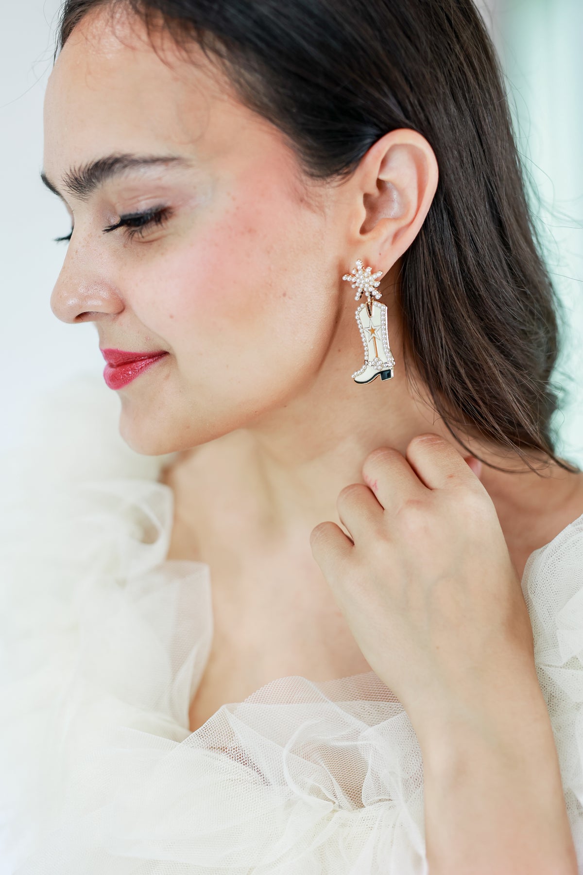 Dancing Metal Boot Earrings In Ivory-Earrings-Golden Stella-Southern House