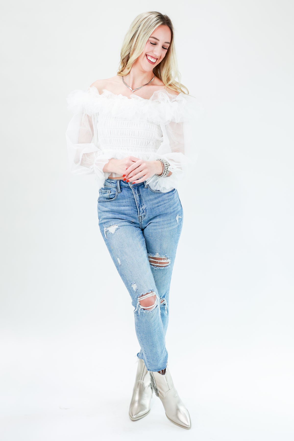 Complimenting Accent Tulle Top In White-Shirt/Tops-Entro-Southern House