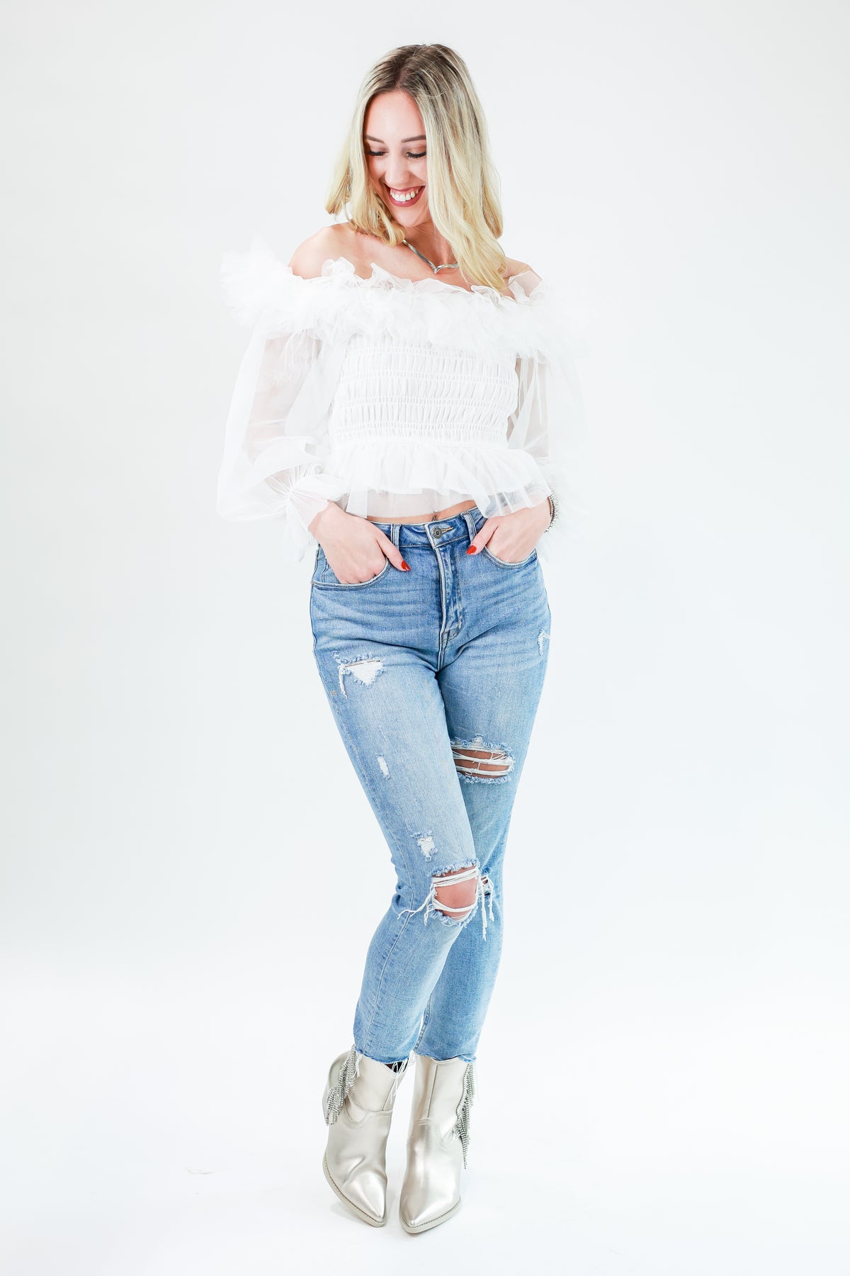 Complimenting Accent Tulle Top In White-Shirt/Tops-Entro-Southern House