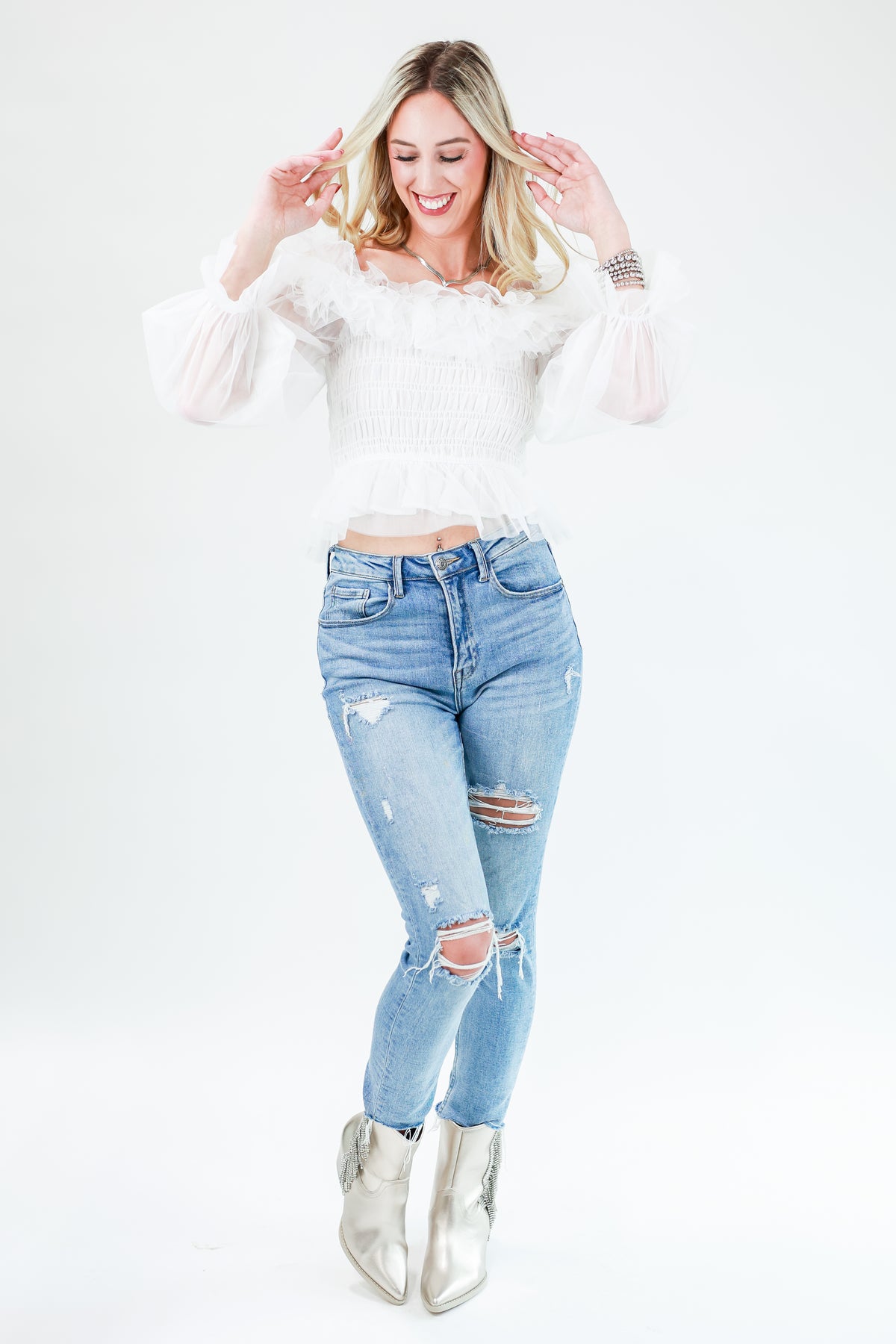 Complimenting Accent Tulle Top In White-Shirt/Tops-Entro-Southern House