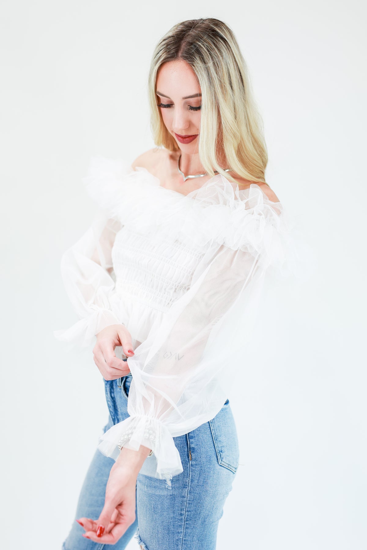 Complimenting Accent Tulle Top In White-Shirt/Tops-Entro-Southern House