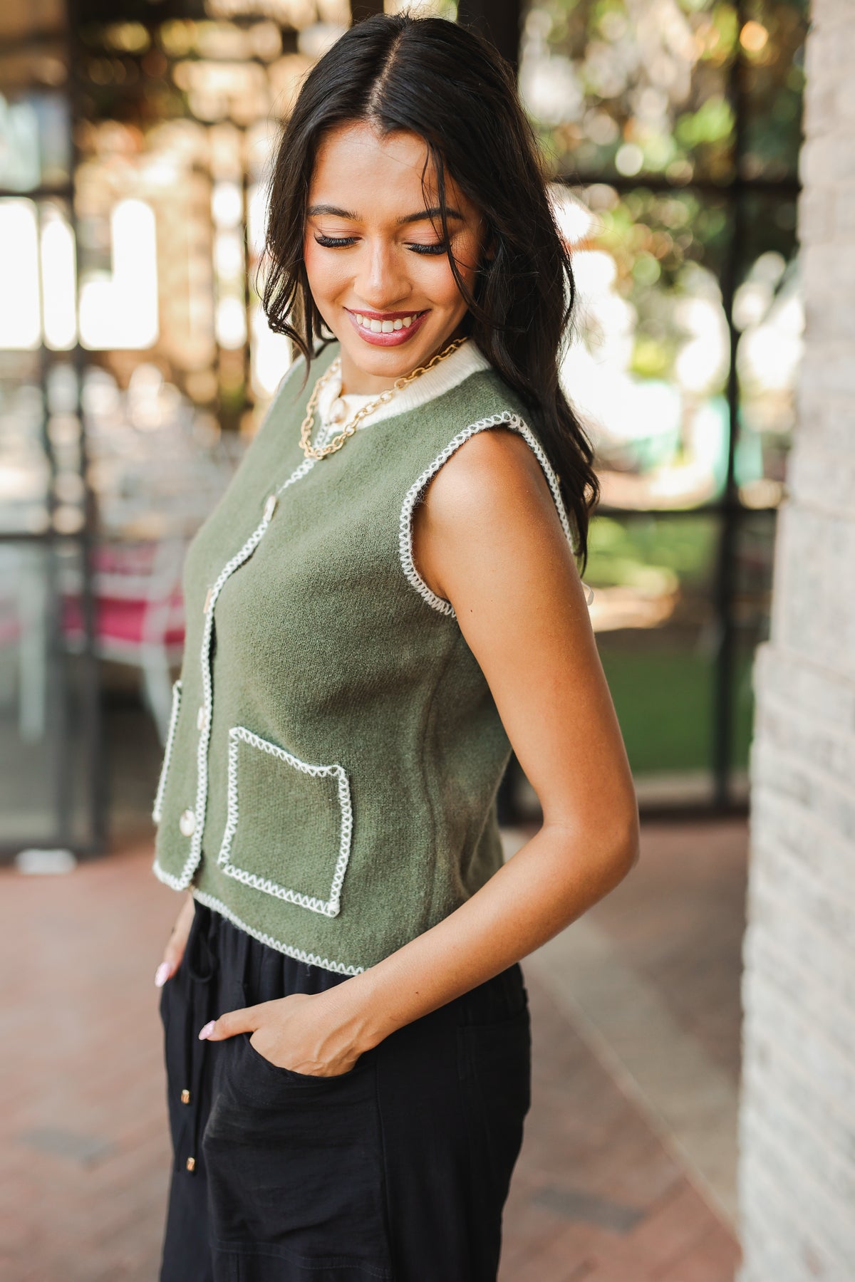 Chic Trimmed Vest Top – Olive-Vest-Southern House