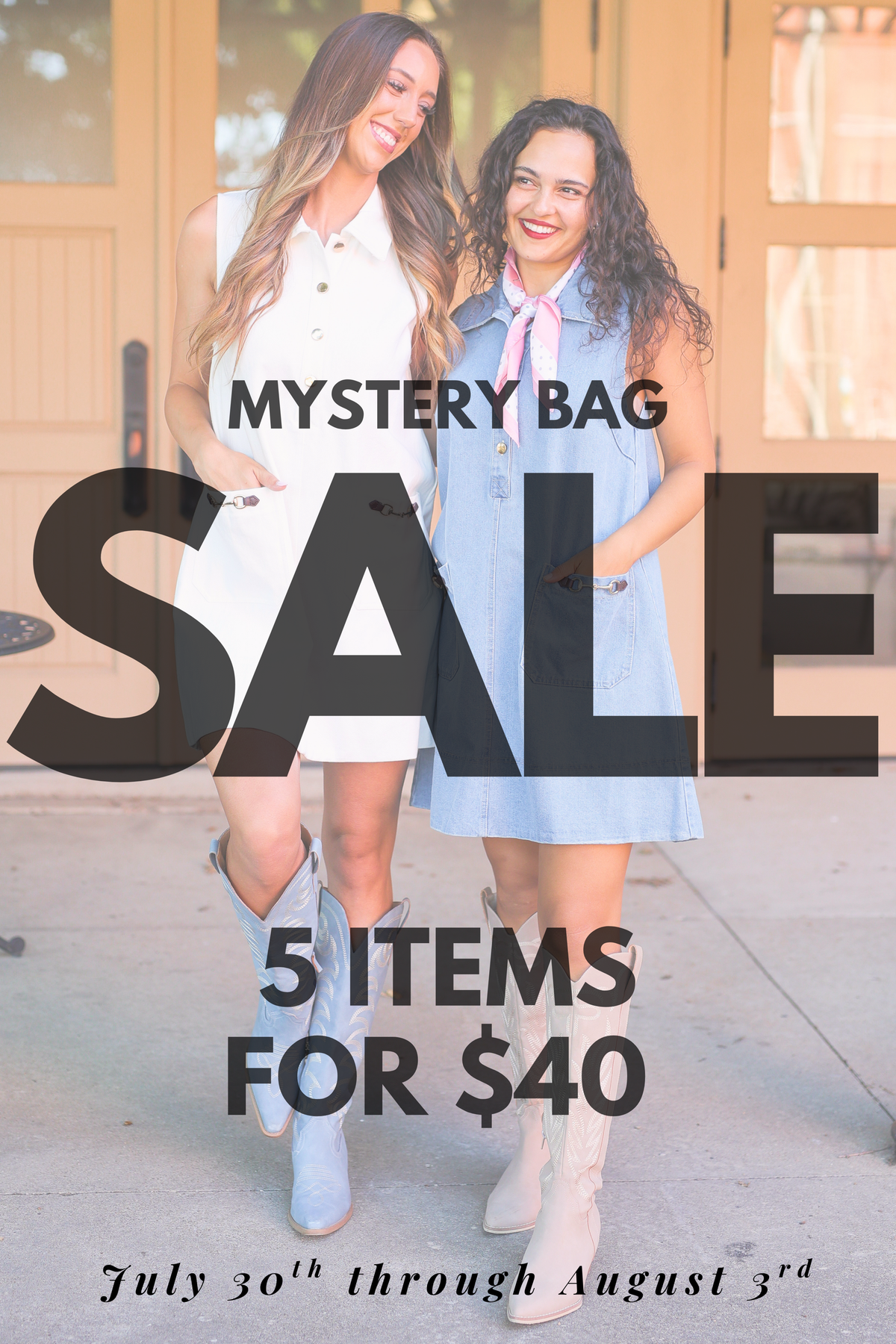 Promotional graphic for a mystery bag sale featuring two women walking outdoors in front of a building entrance. Large overlaid text reads 'MYSTERY BAG SALE 5 ITEMS FOR $40' with the sale dates at the bottom.