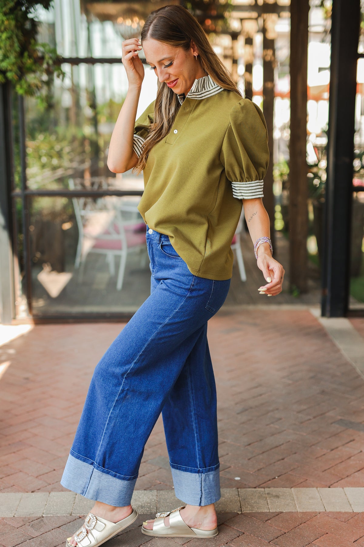 Striped Edge Puff Sleeve Top – Olive-Shirt/Tops-Southern House