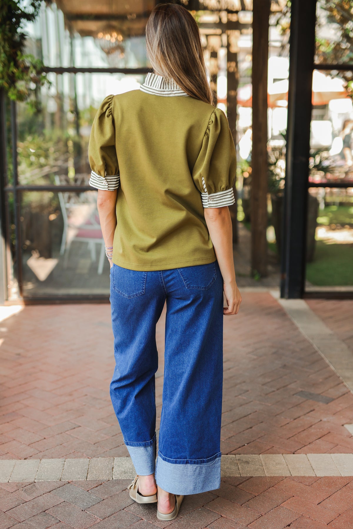 Striped Edge Puff Sleeve Top – Olive-Shirt/Tops-Southern House
