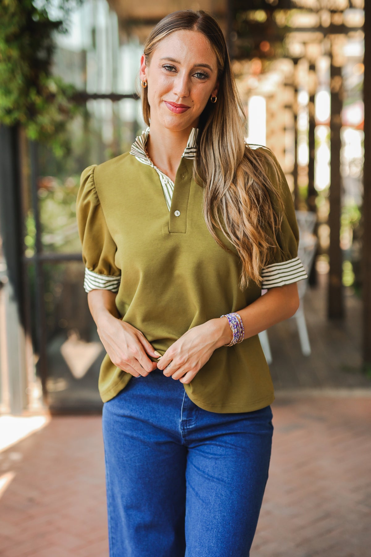 Striped Edge Puff Sleeve Top – Olive-Shirt/Tops-Southern House
