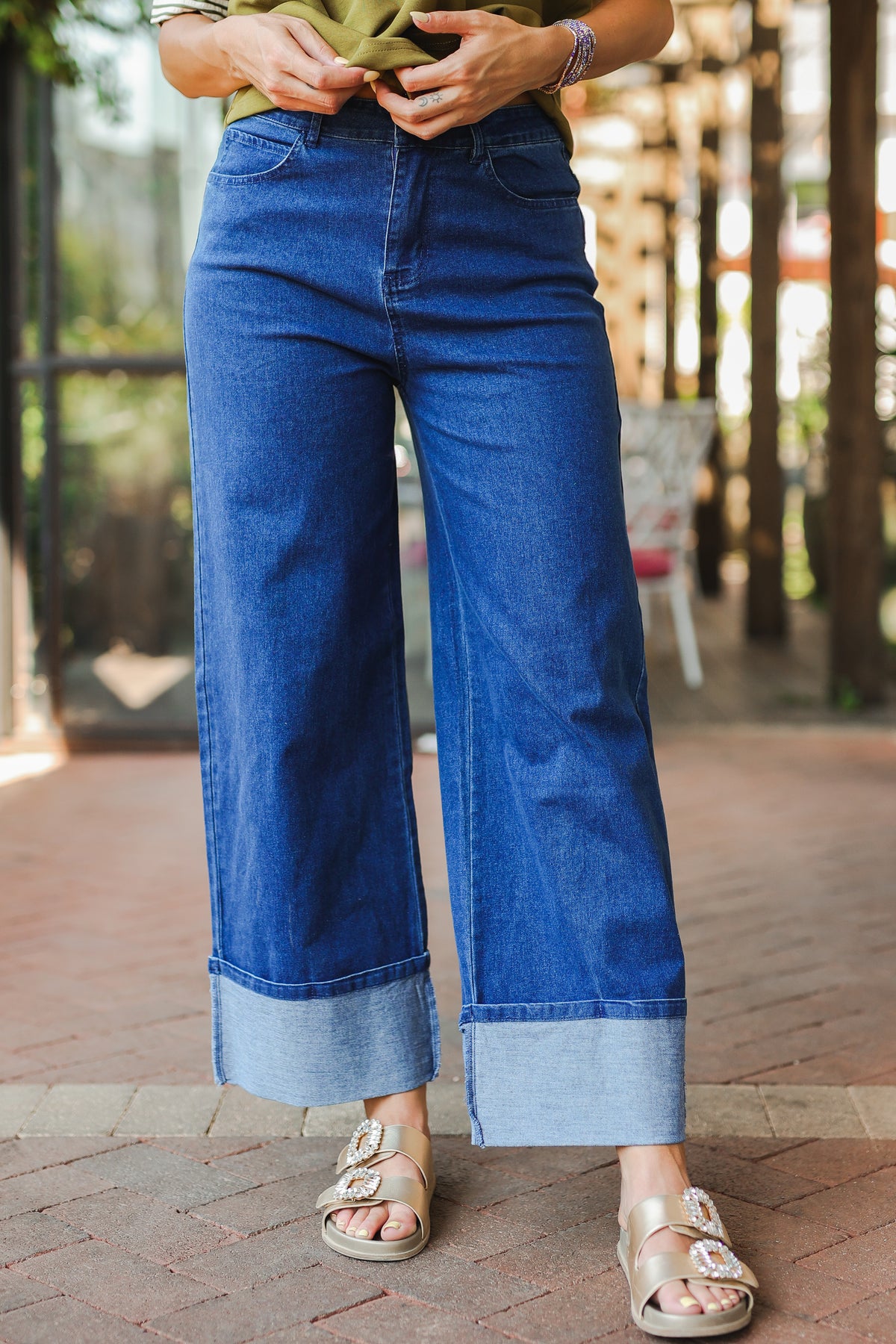 Harper Wide Leg Cuffed Jeans – Medium Wash