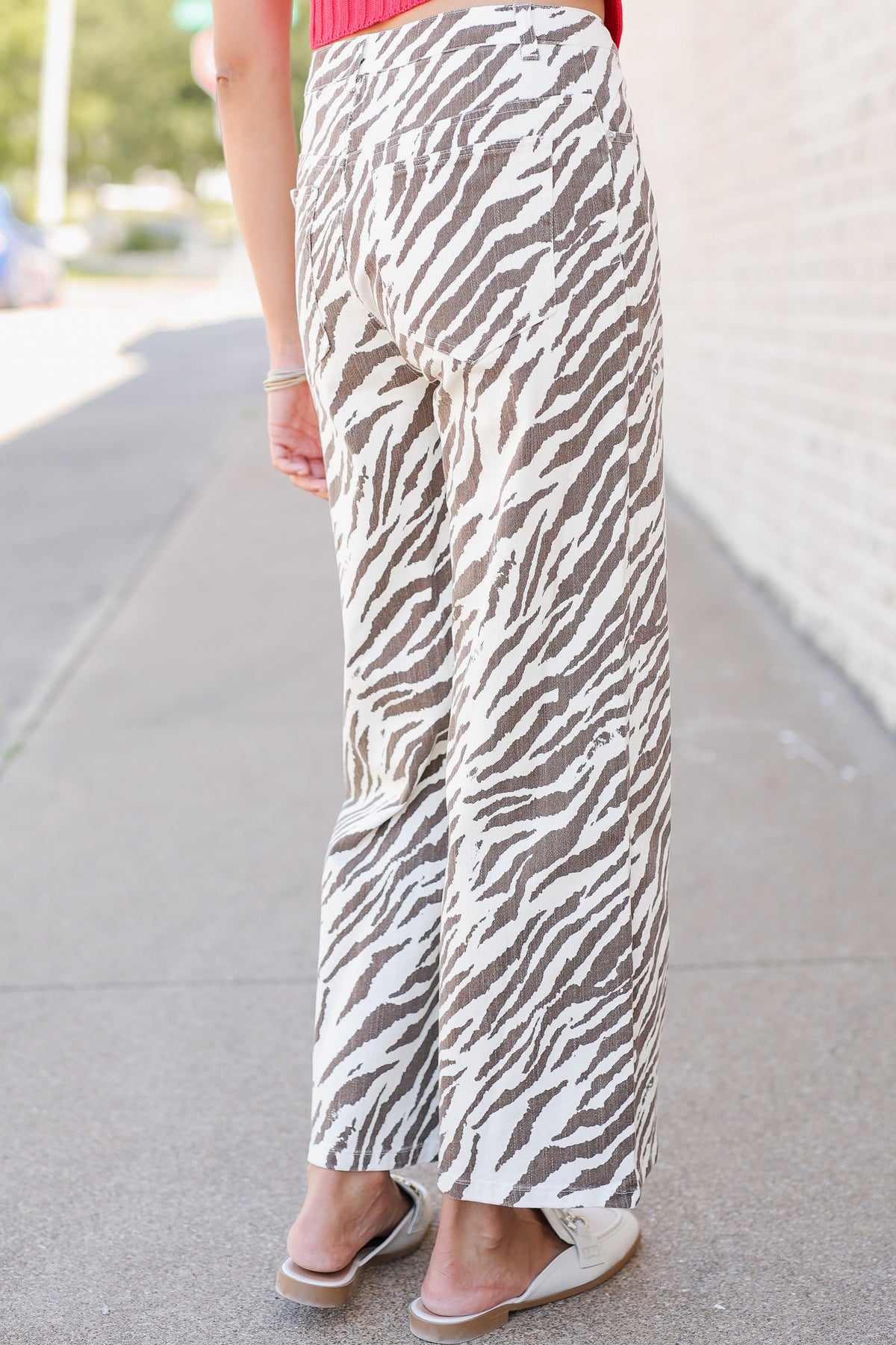 A person wearing wide-leg zebra-print pants, shown from the back in an outdoor setting on a sidewalk next to a light-colored brick wall.
