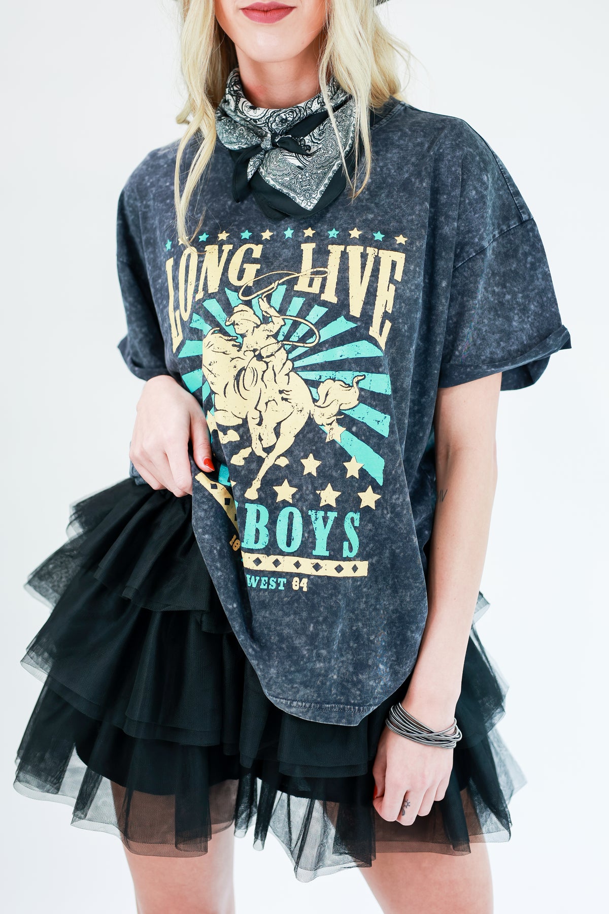 Long Live Cowboys Acid Wash Tee In Black