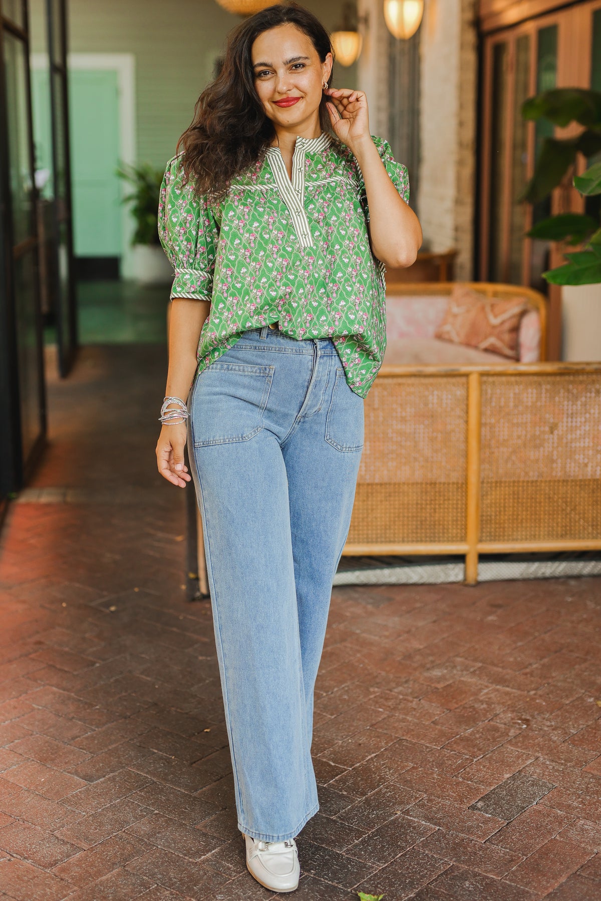 Garden Party Puff Sleeve Top – Green-Shirt/Tops-Southern House