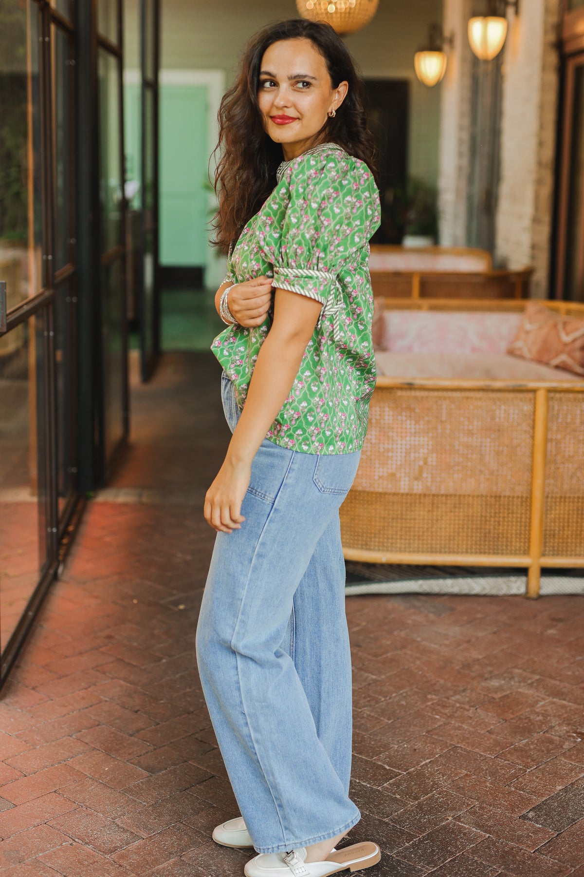 Garden Party Puff Sleeve Top – Green-Shirt/Tops-Southern House