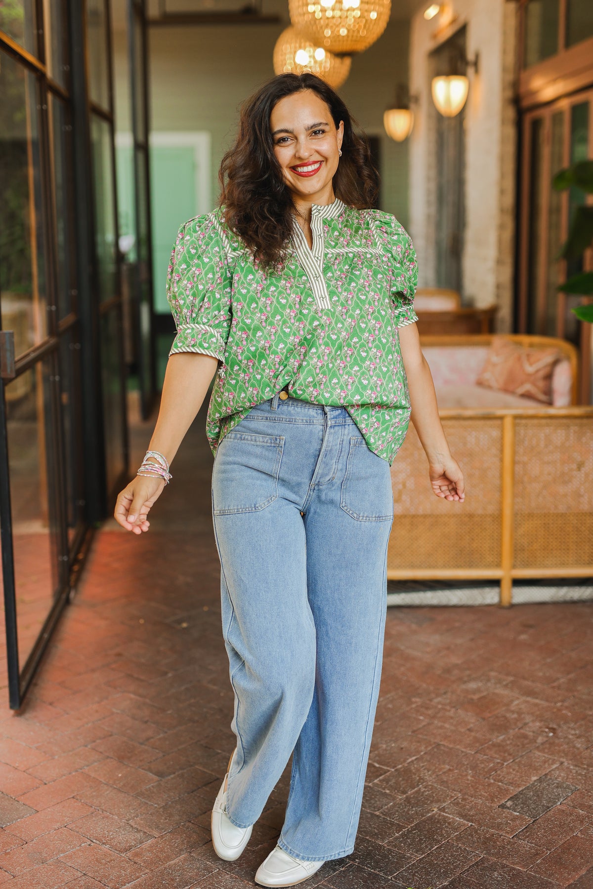 Garden Party Puff Sleeve Top – Green-Shirt/Tops-Southern House