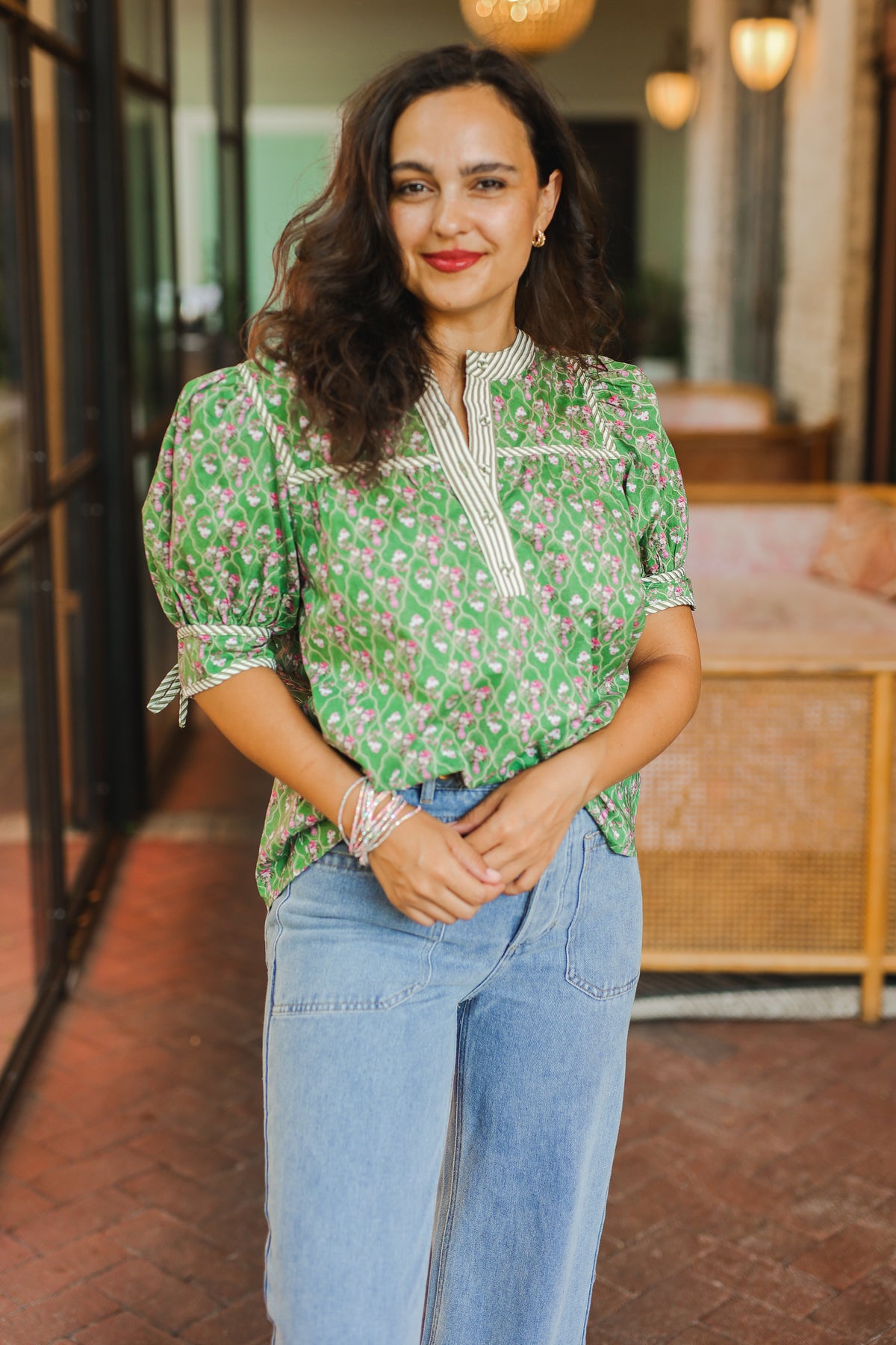 Garden Party Puff Sleeve Top – Green-Shirt/Tops-Southern House