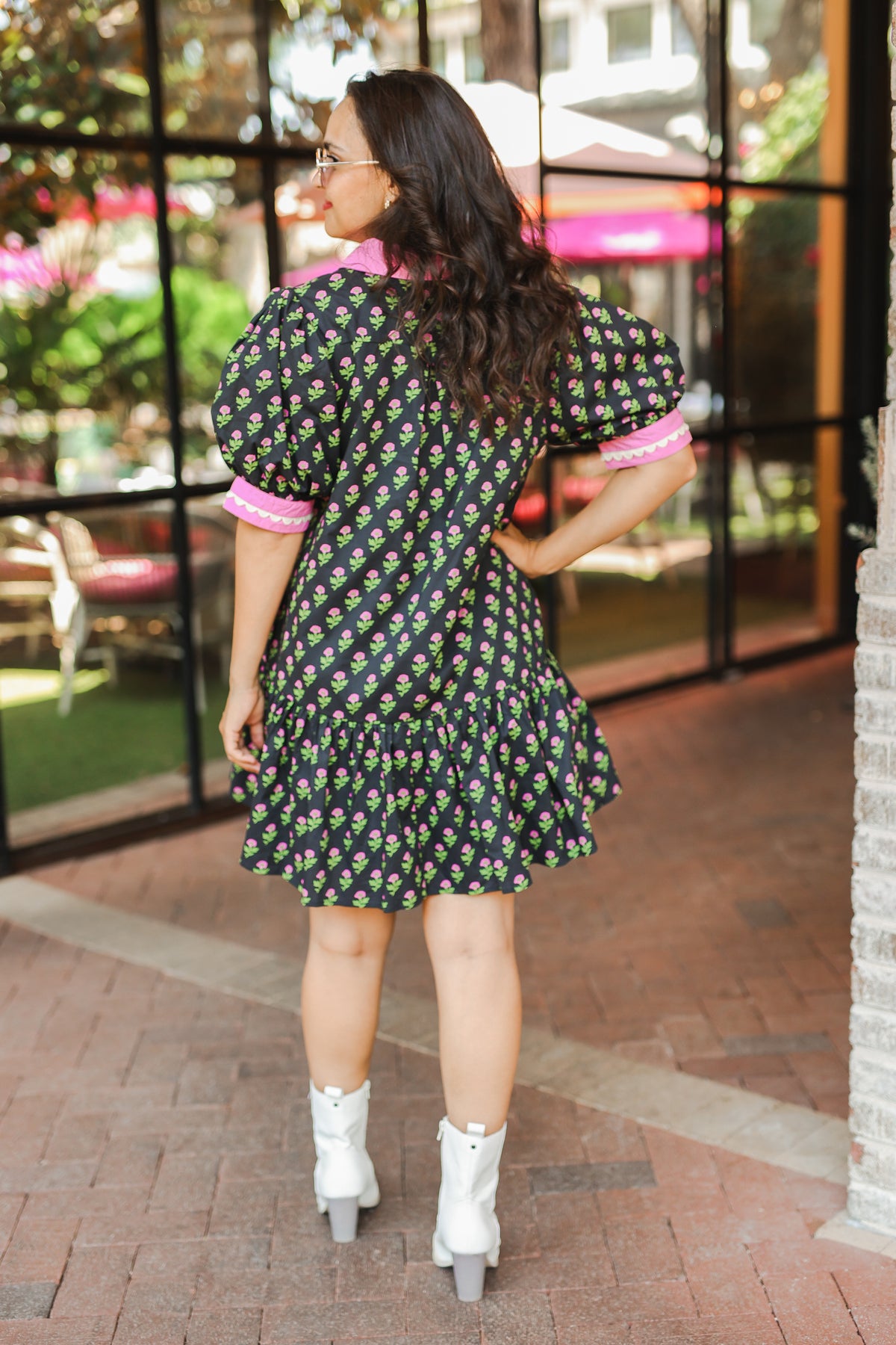 Riley Scalloped Trim Puff Sleeve Dress – Black-Dress-Southern House