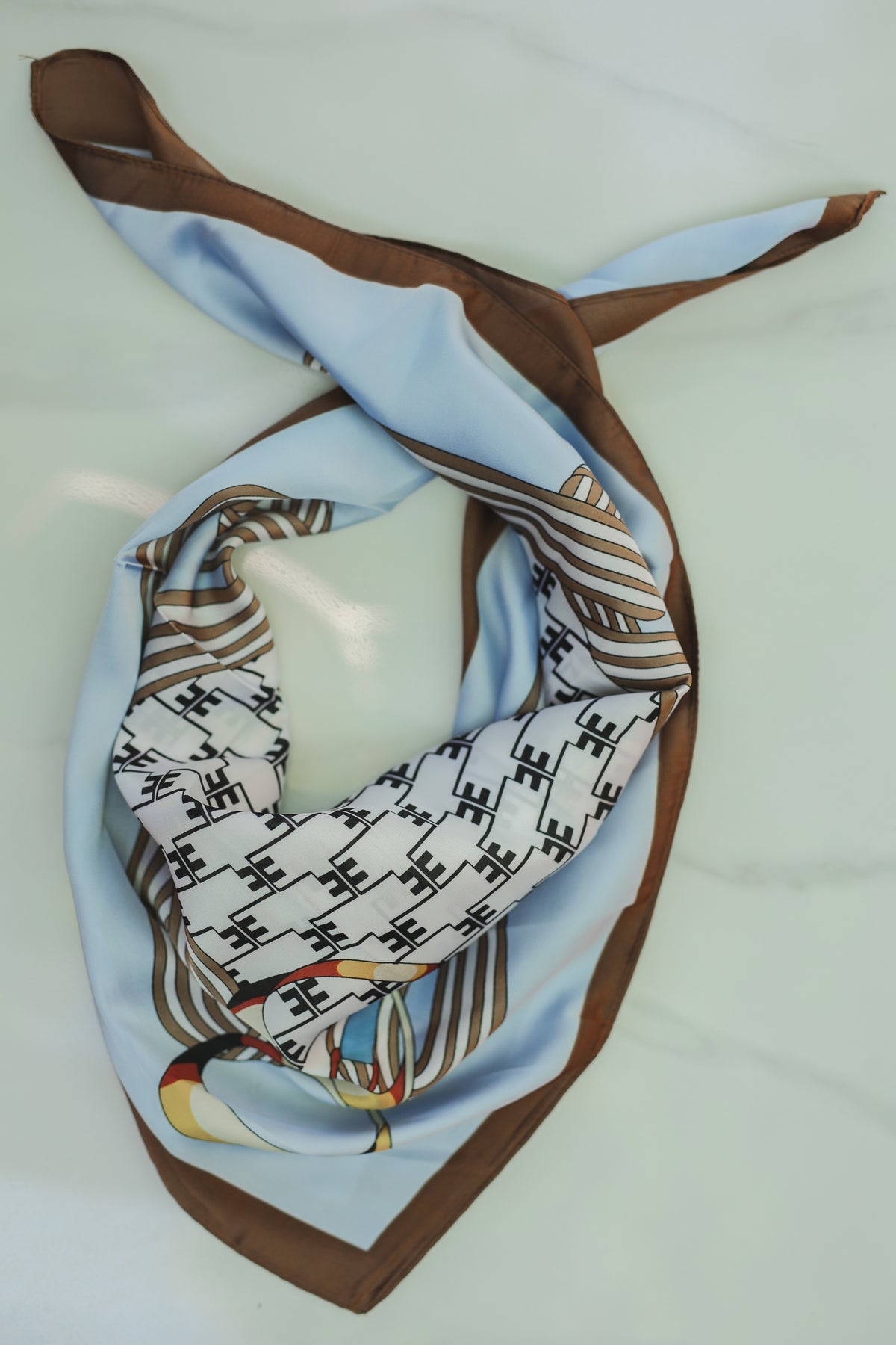Equestrian Monogram Scarf – Sky Blue & Brown