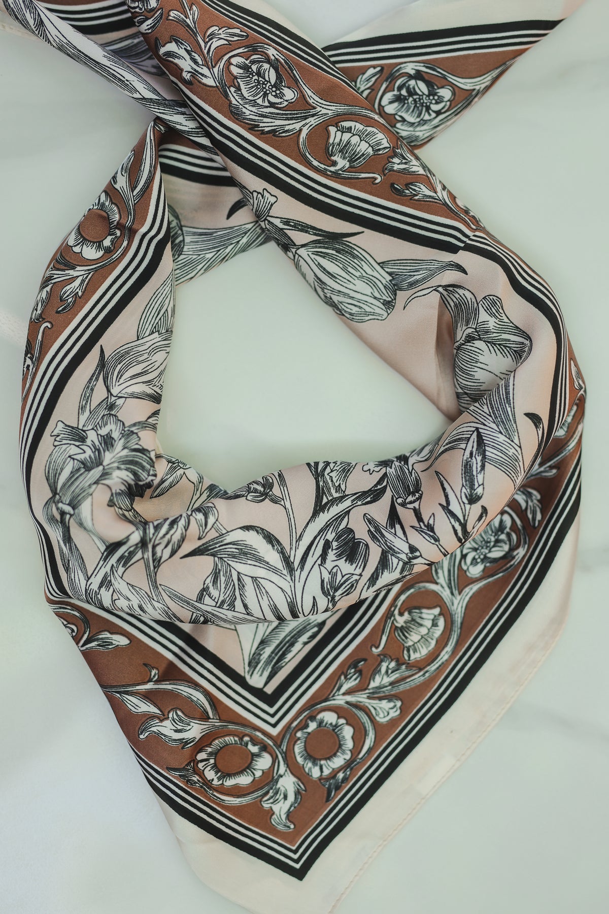 Vintage Floral Scroll Scarf – Mocha & Blush