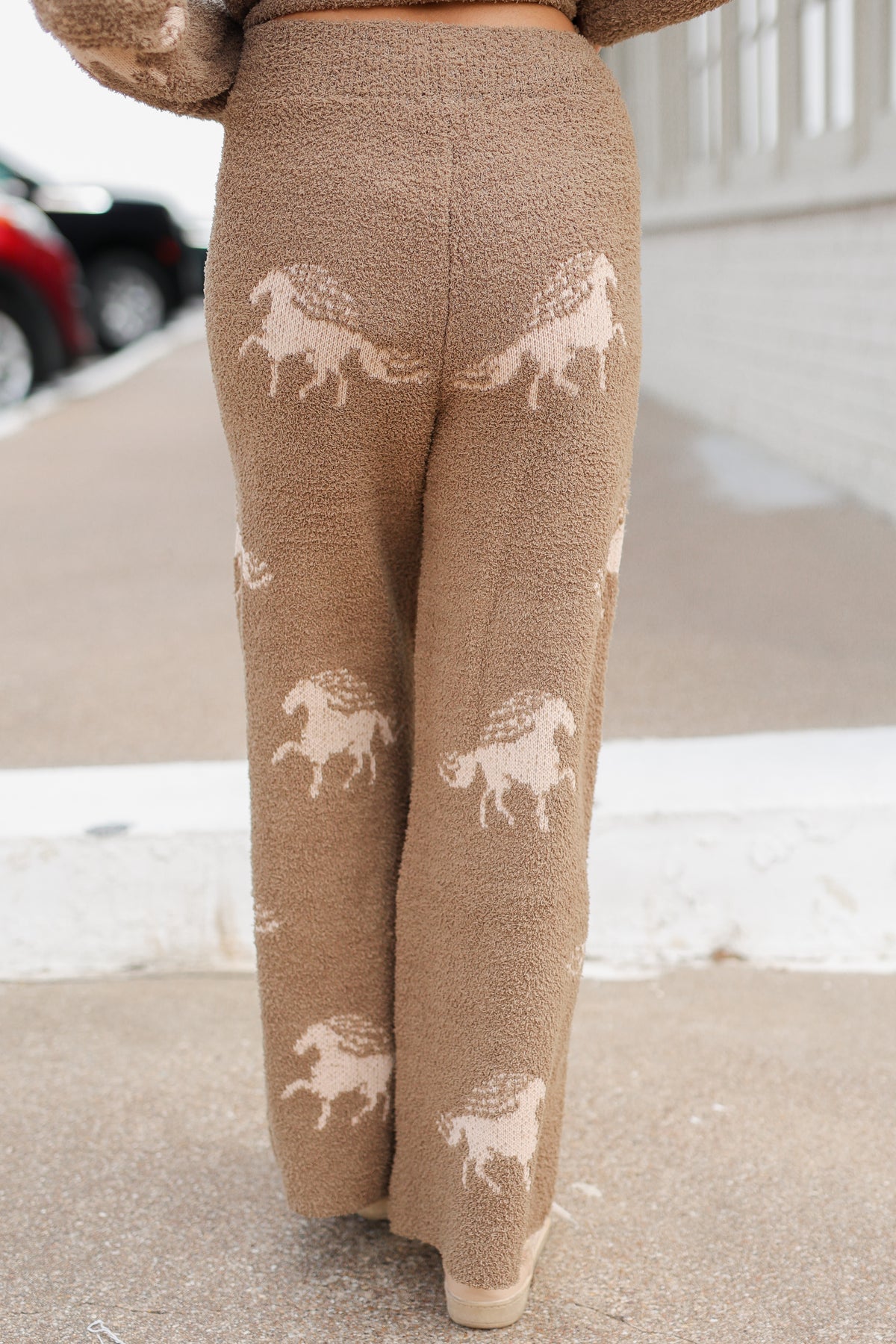 Bridlebrook Running Horse Knit Pants in Mocha styled with matching Bridlebrook sweater, featuring a cozy textured knit and cream horse pattern. Southern House Clothing.