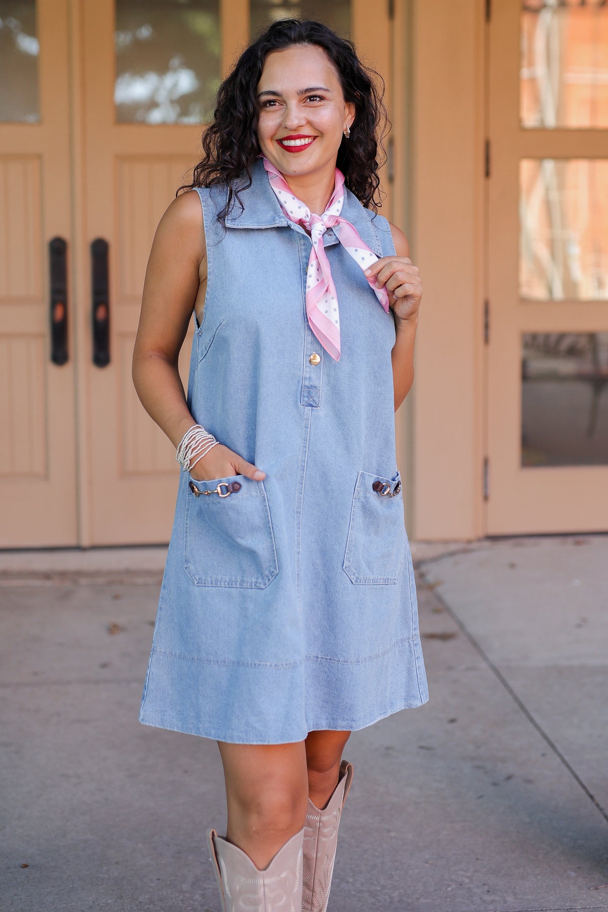 denim dress with neck scarf Stylish Denim Dress with Scarf for Fall Looks