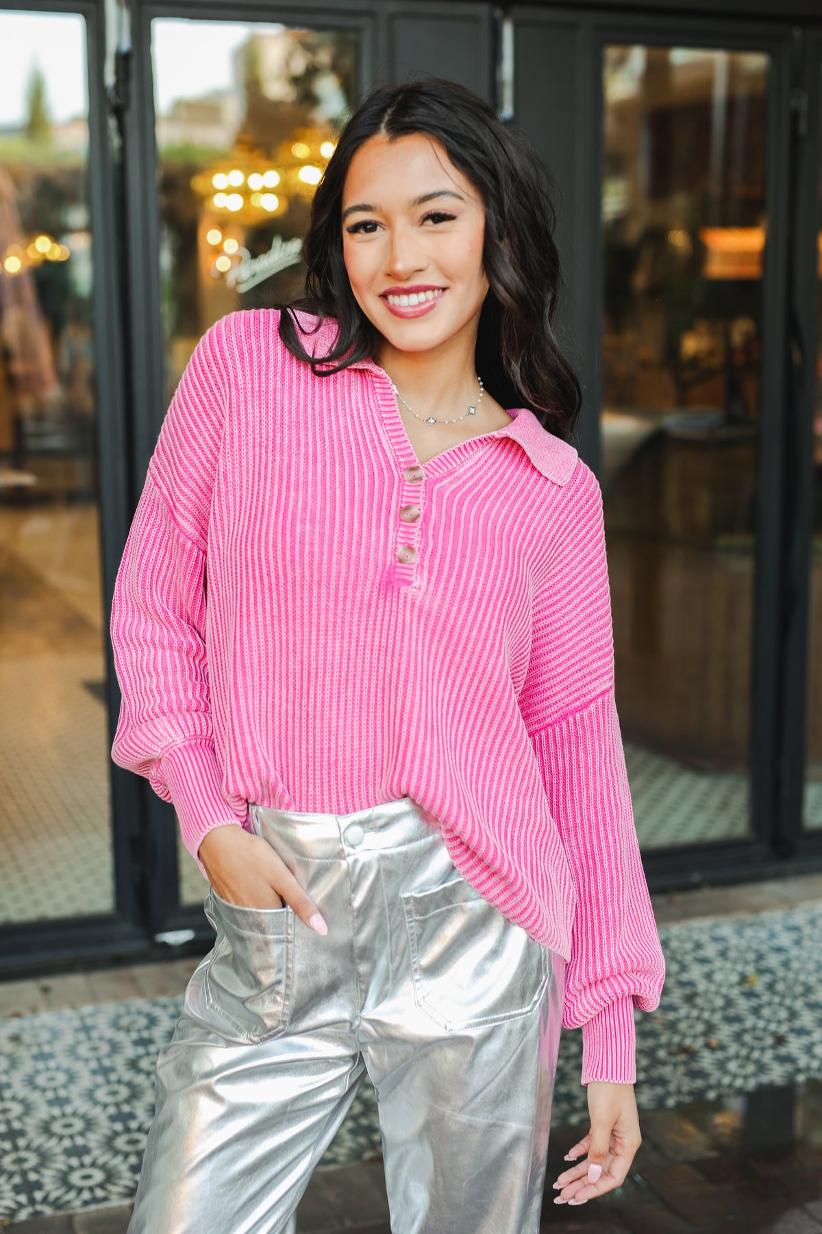 Sunset Grove Ribbed Pullover - Fuchsia-Shirt/Tops-Southern House