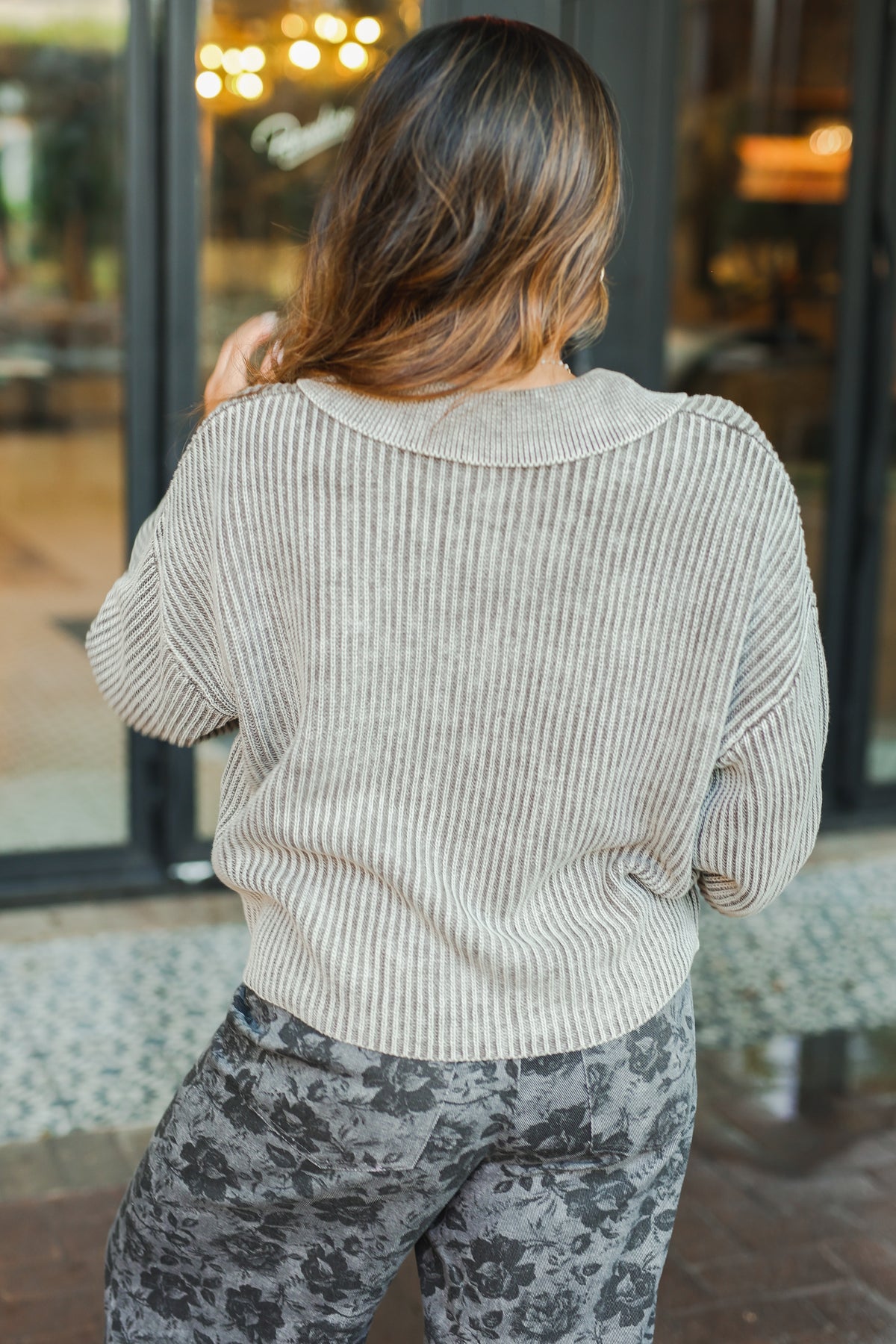 Mocha Striped Henley Balloon Sleeve Top-Shirt/Tops-Southern House