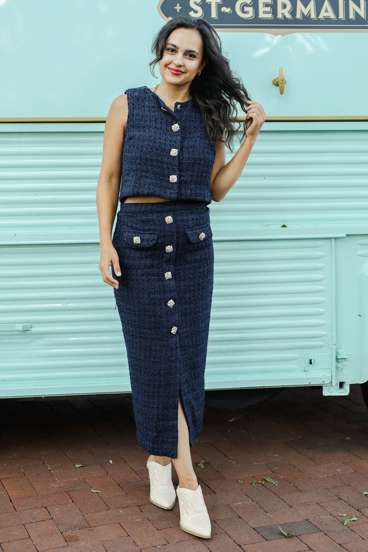 Iconic Elegance Button Front Midi Skirt – Navy-Skirt-Southern House