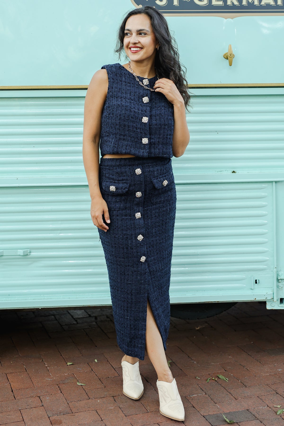 Iconic Elegance Button Front Midi Skirt – Navy-Skirt-Southern House