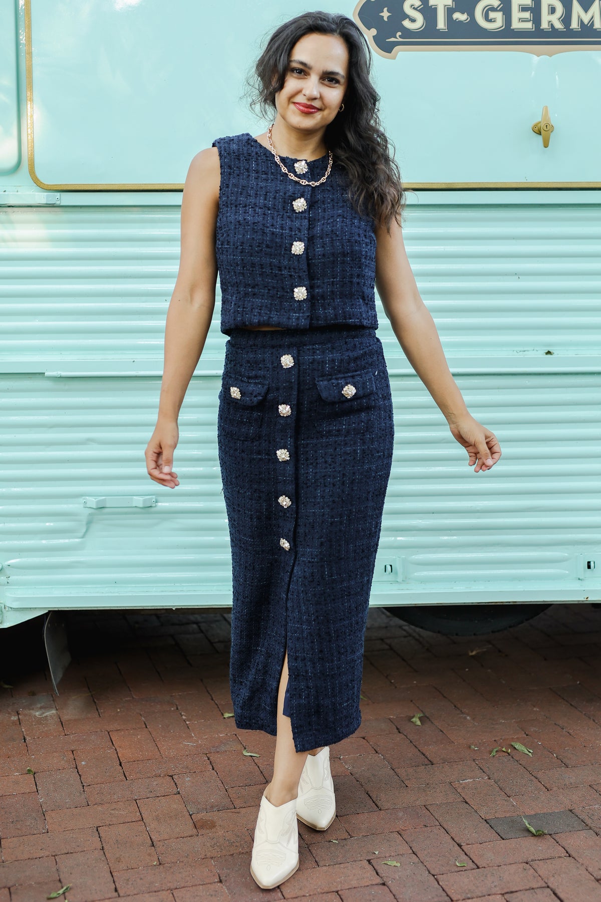 Iconic Elegance Button Front Midi Skirt – Navy-Skirt-Southern House