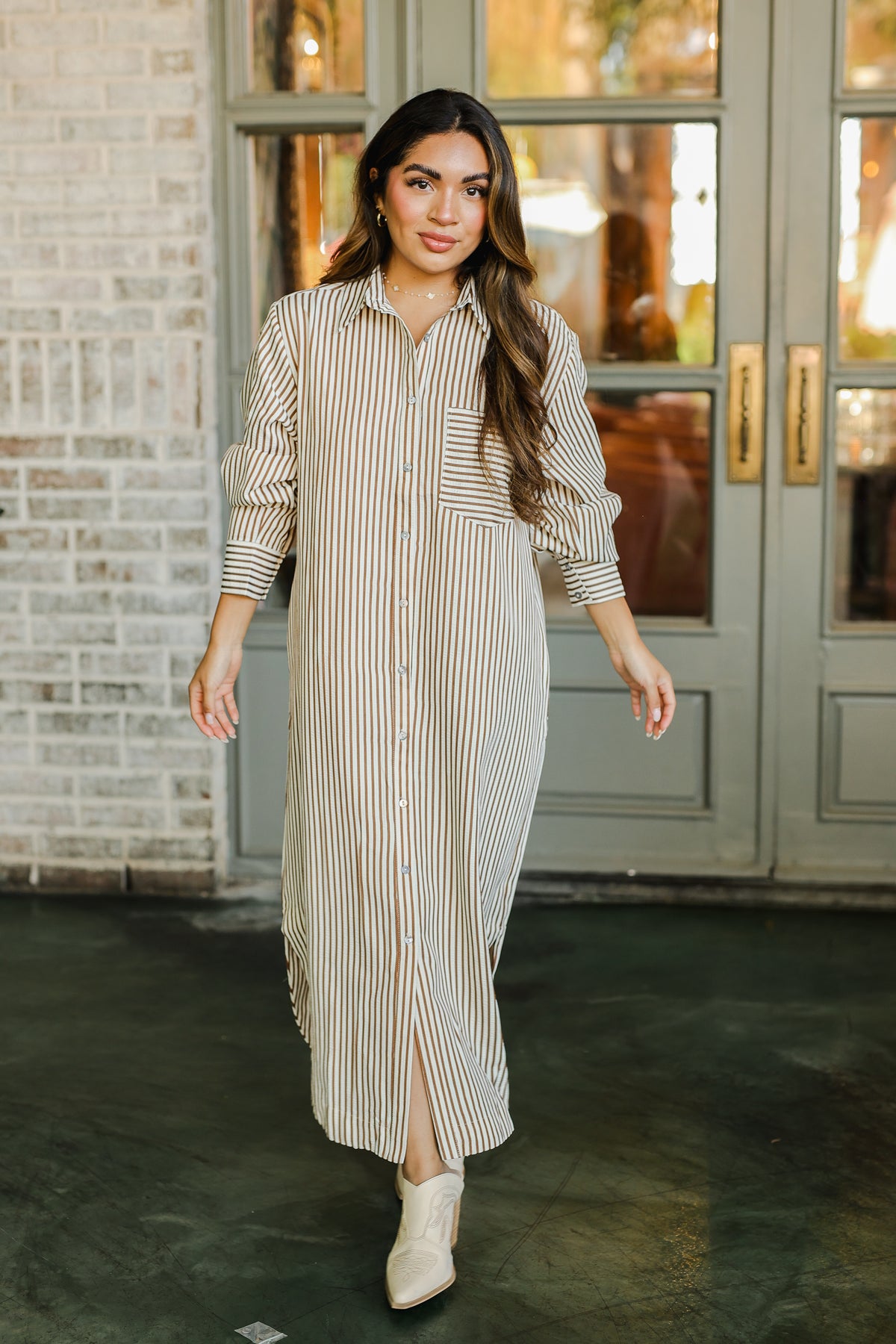 Caramel Stripe Shirt Dress