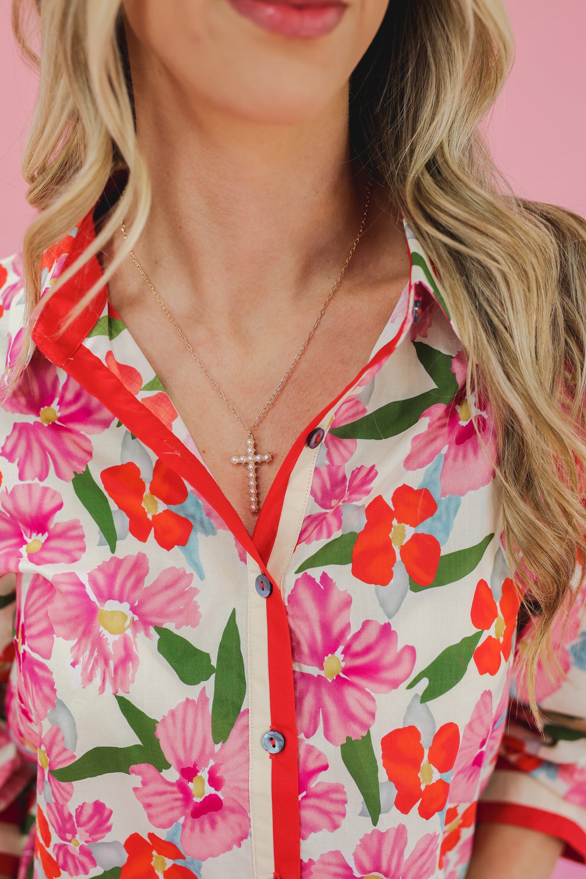 Spring Elegance Cross Necklace - Pearl