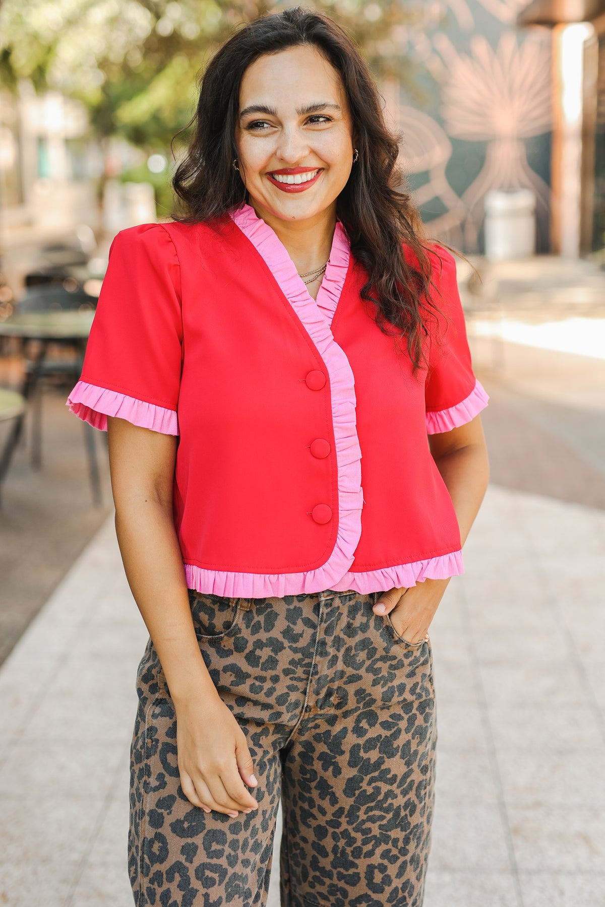 Ava Ruffle Trim Top – Red-Shirt/Tops-Southern House