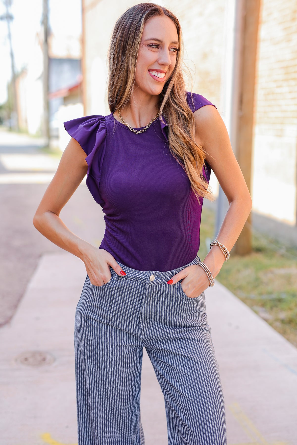 Amethyst Ribbed Ruched Sleeve Bodysuit
