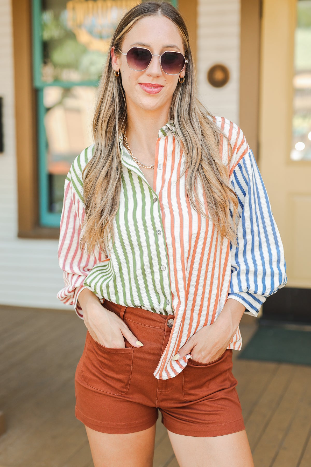 Playful Striped Colorblock Top – Olive Combo-Shirt/Tops-Southern House