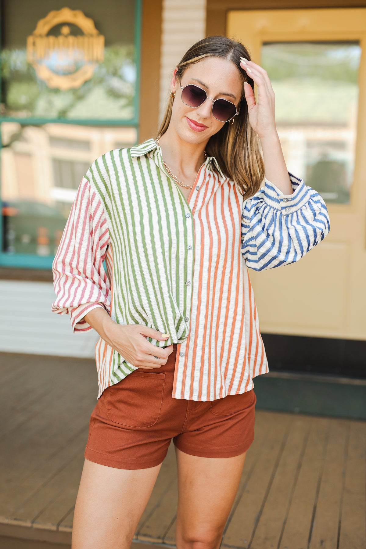 Playful Striped Colorblock Top – Olive Combo-Shirt/Tops-Southern House