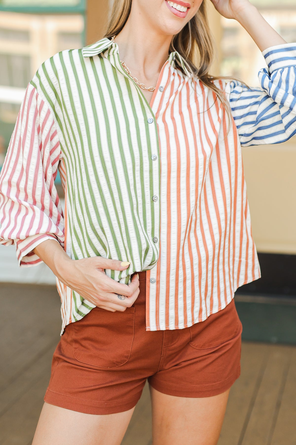 Playful Striped Colorblock Top – Olive Combo-Shirt/Tops-Southern House