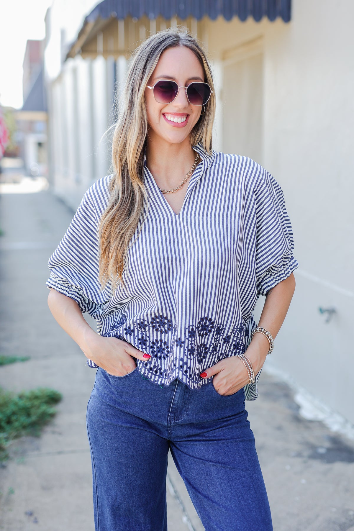 Seaside Stroll Embroidered Blouse – Navy