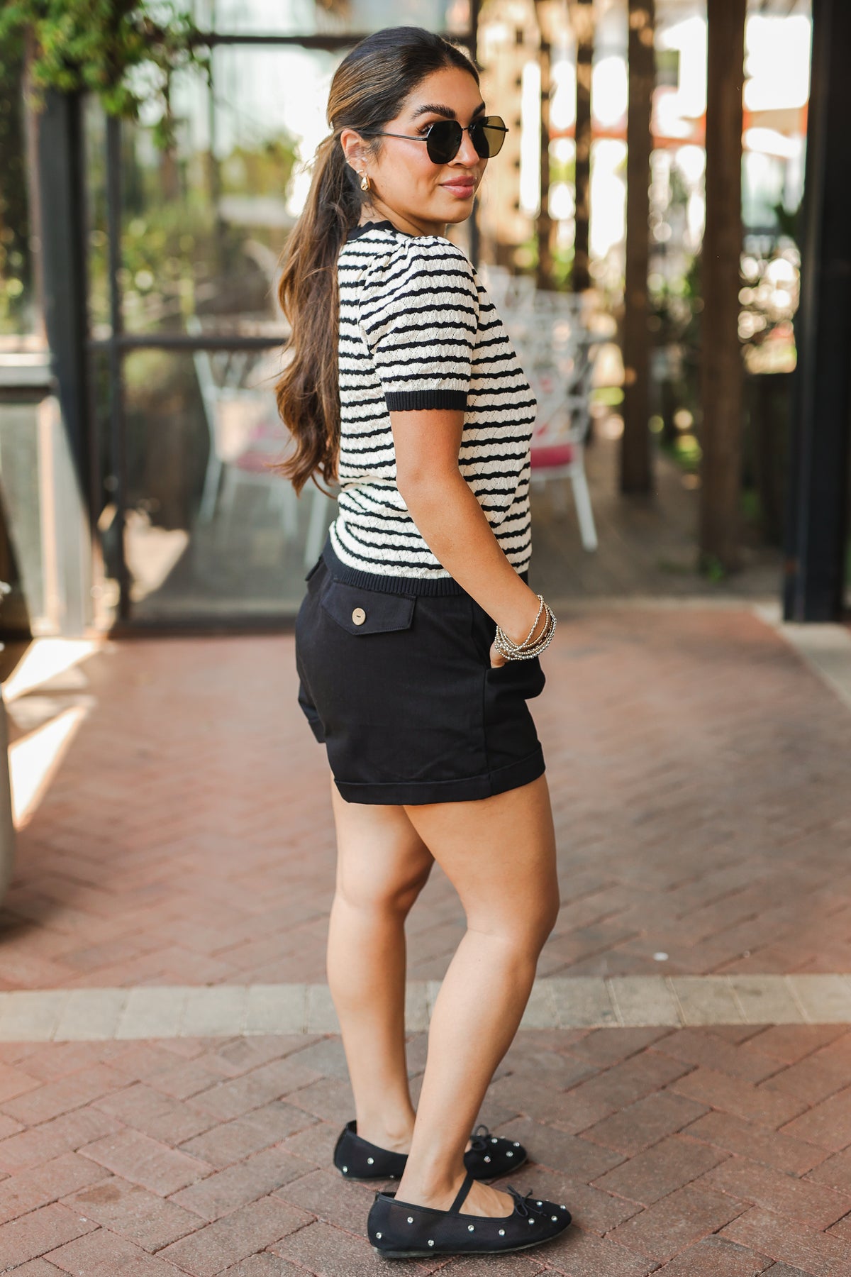 City Stripe Puff Sleeve Top – Black-Shirts/Top-Southern House