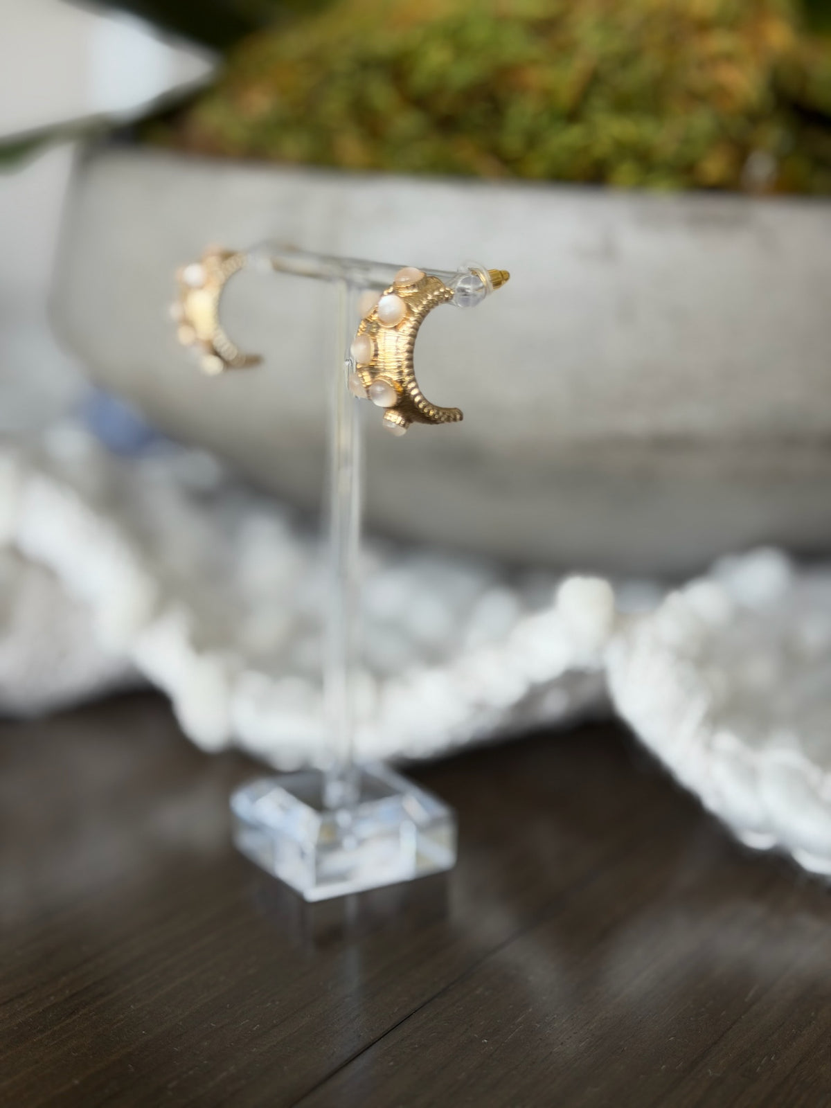 Gold crescent moon earrings on a clear stand with a blurred background