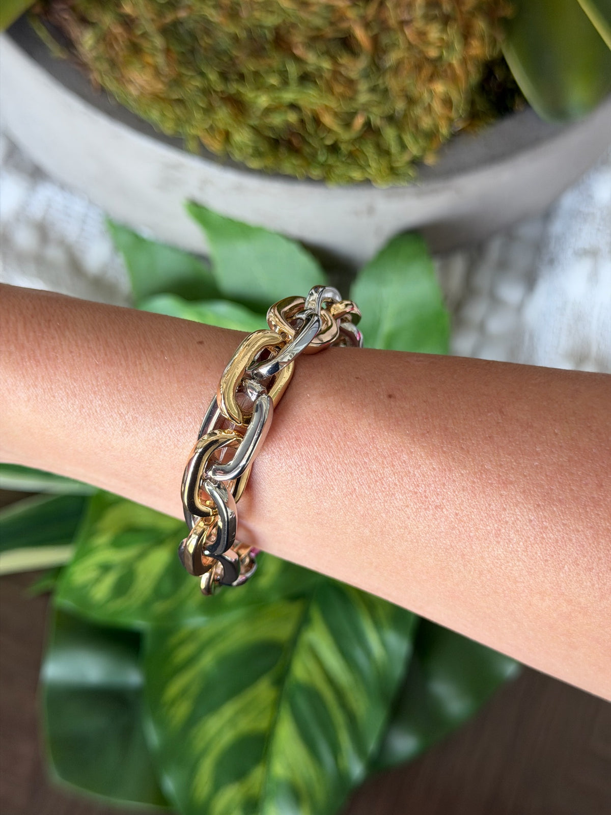 Gold and silver chain bracelet on a wrist with a blurred green plant background