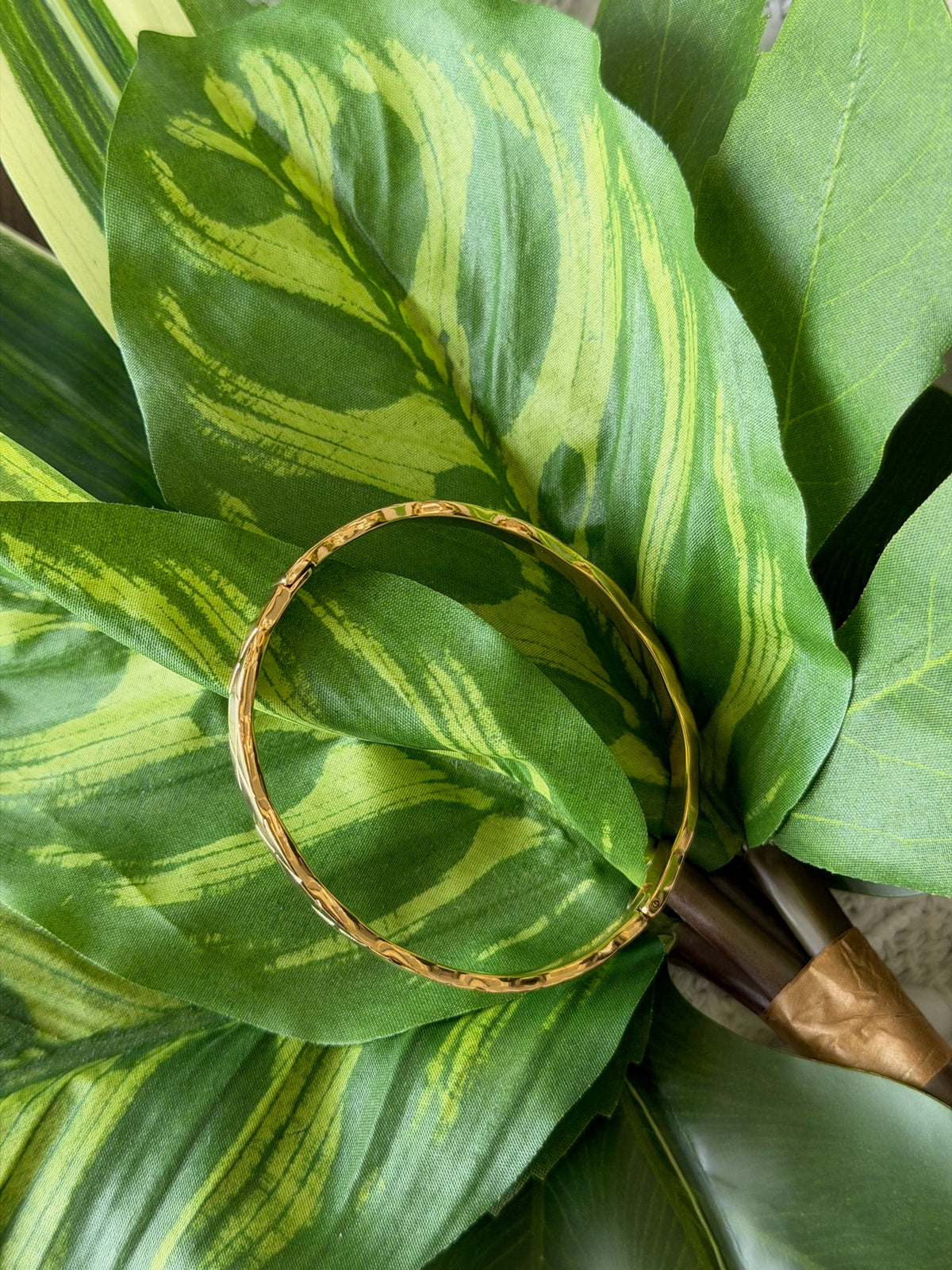 Gold bangle on a leafy green plant