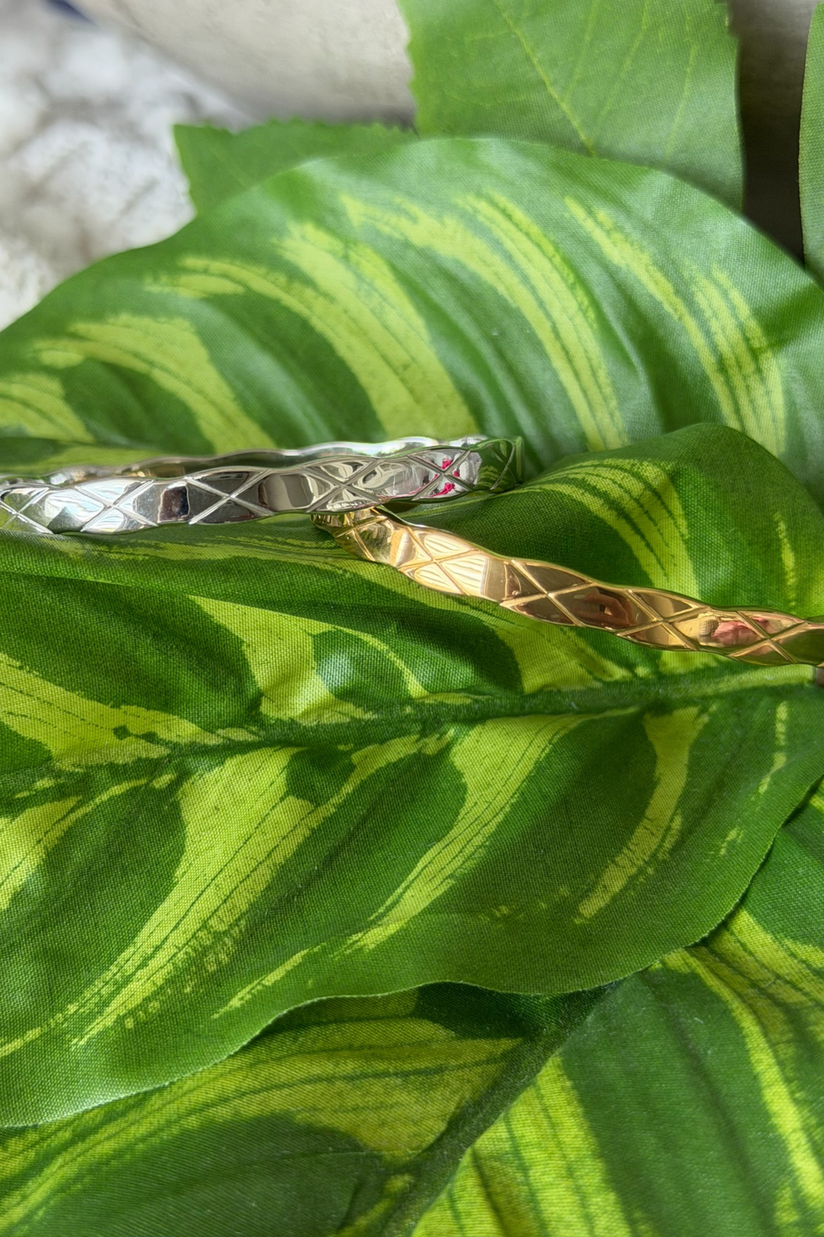 Two metallic bracelets on a leafy green surface