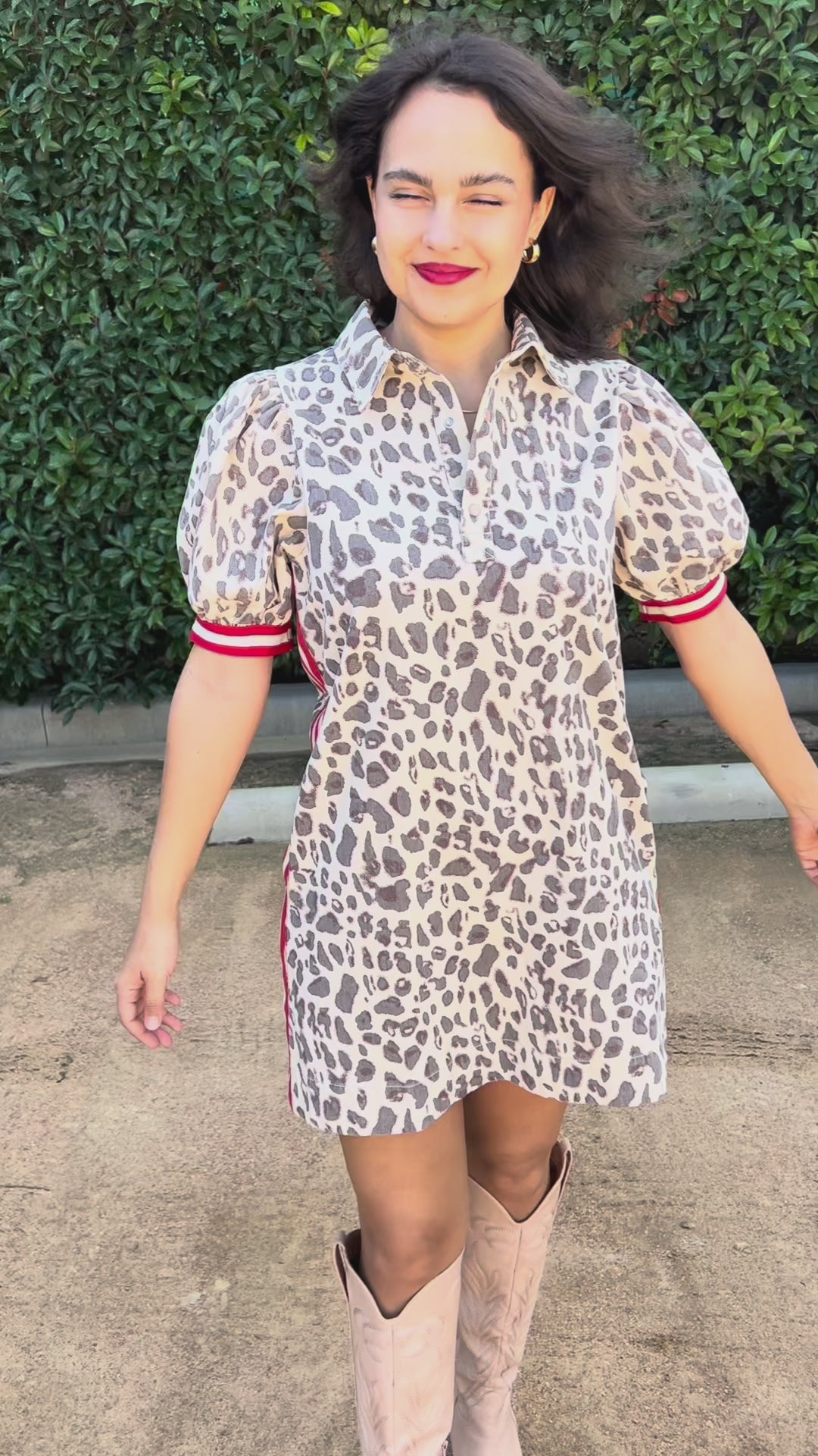 Brunette Model wearing a leopard print dress in an outdoor setting | Southern House Clothing