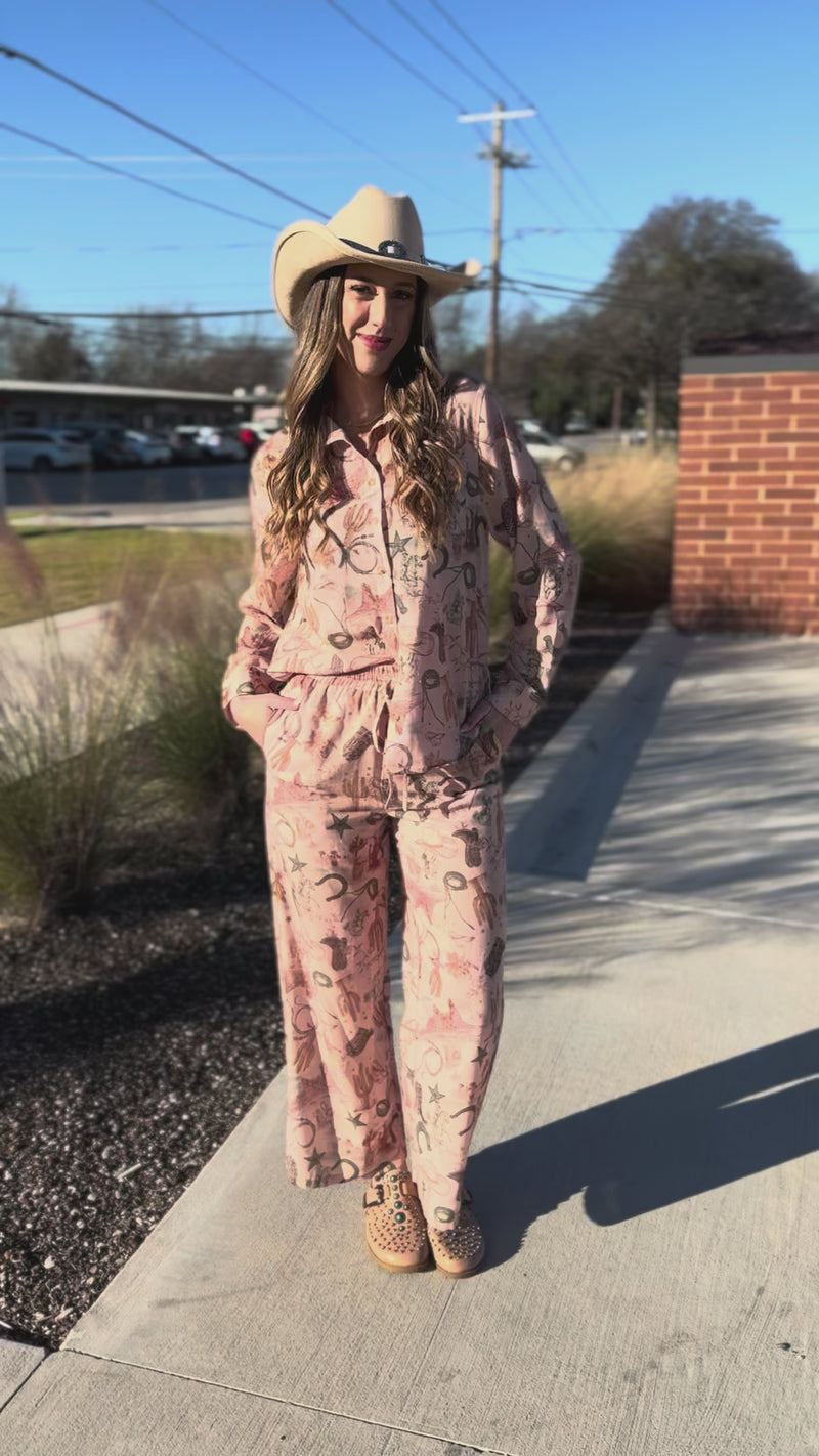 Woman in a pattern set in an outdoor setting.