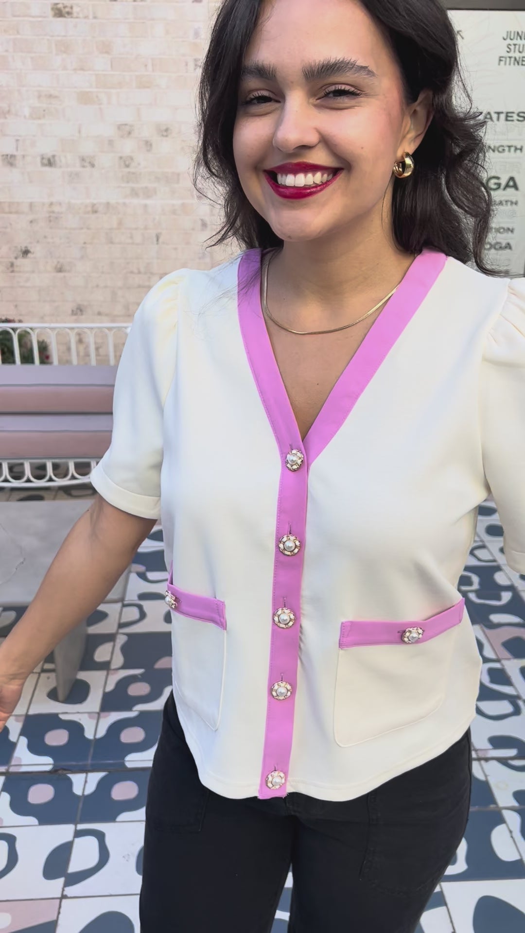 Cream Boulevard Button-Up Top on a brunette model, outside | Southern House Clothing