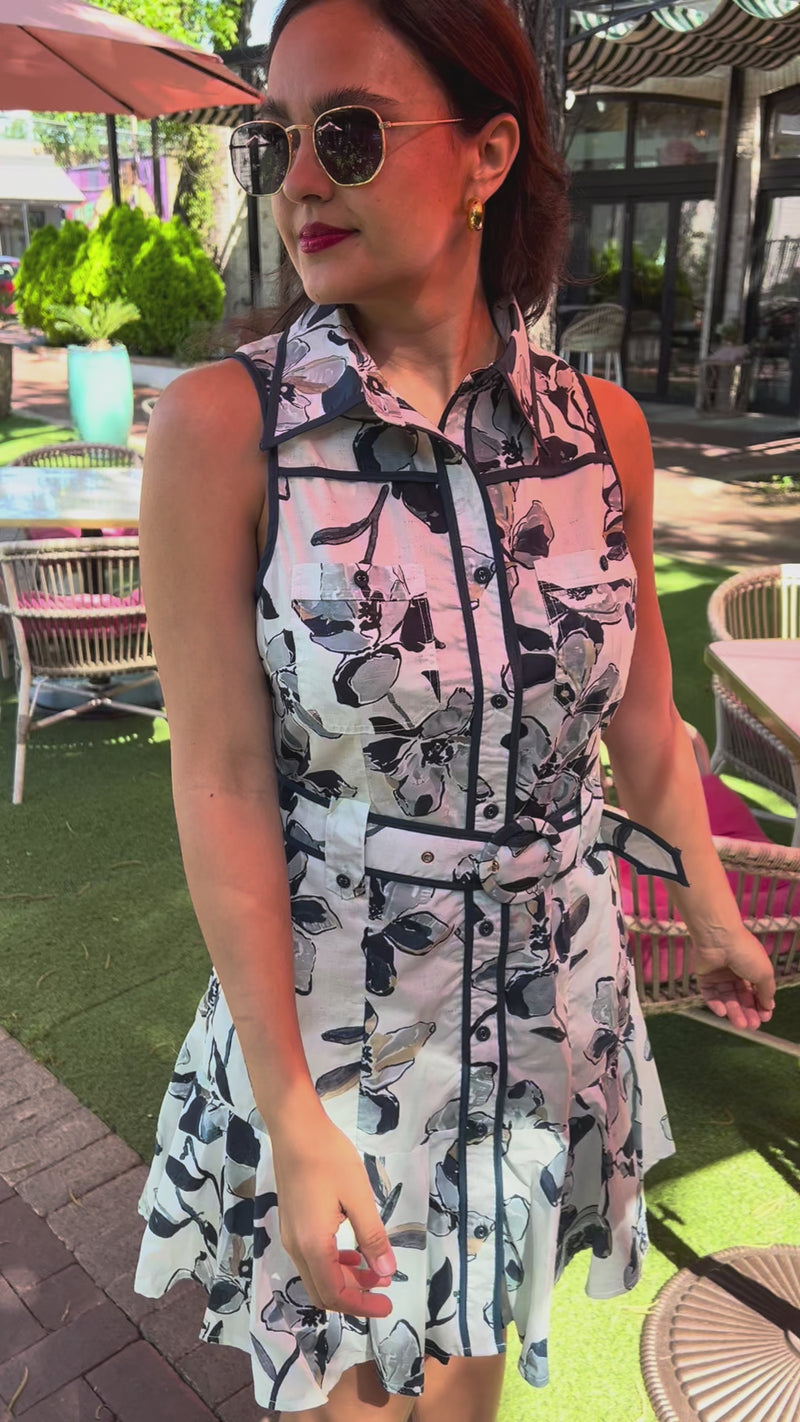 Garden Breeze Dress in Navy worn by a brunette model in an outdoor setting | Southern House Clothing