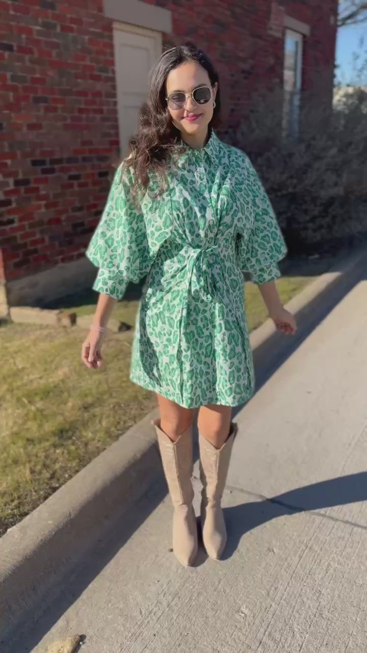 Green leopard dress on a brunette model outside.