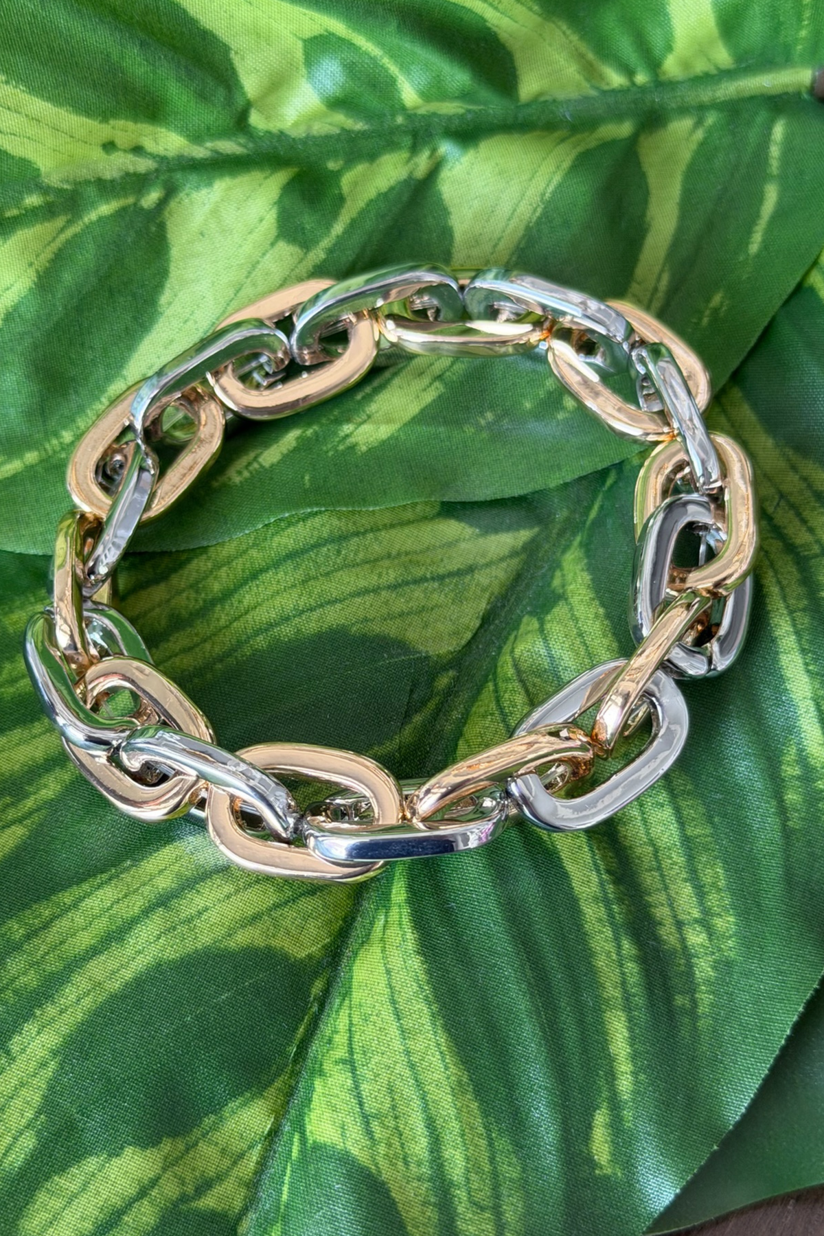 Gold and silver chain bracelet on a green leaf background